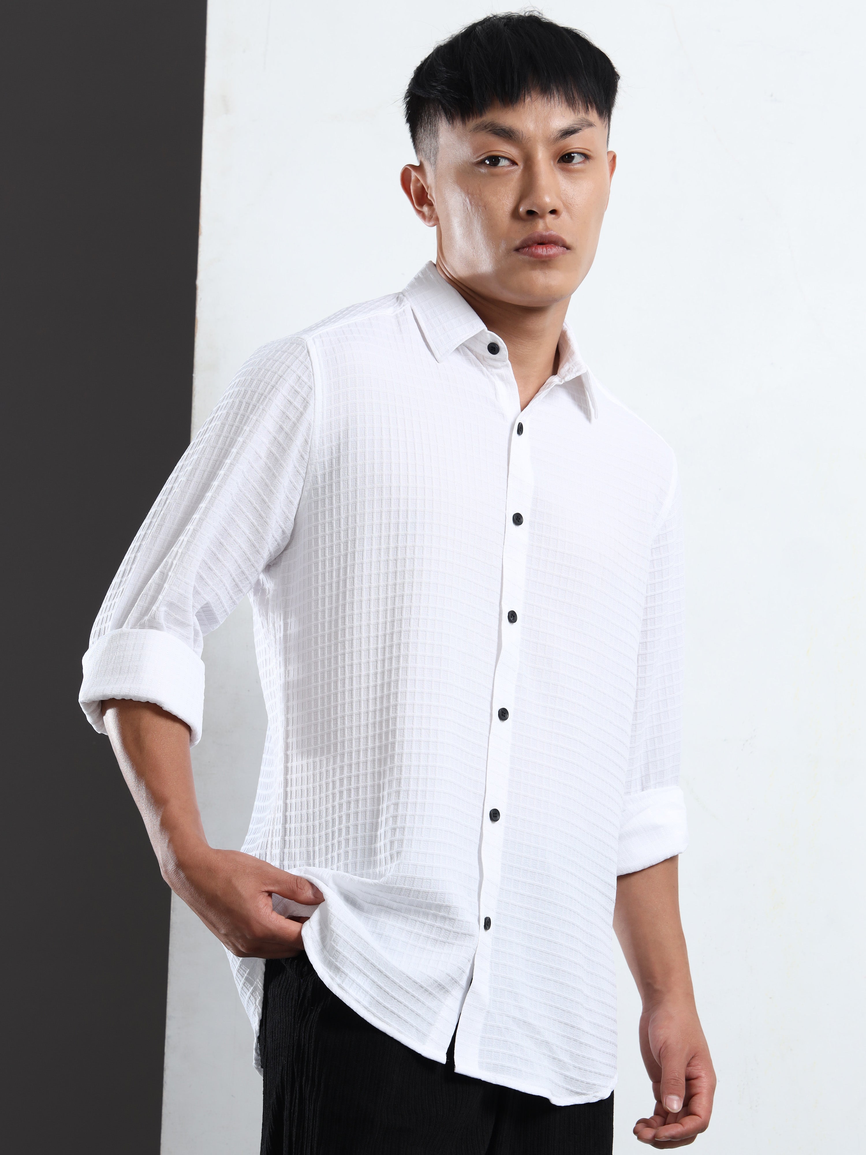 Men’s White Textured Grid Casual Shirt