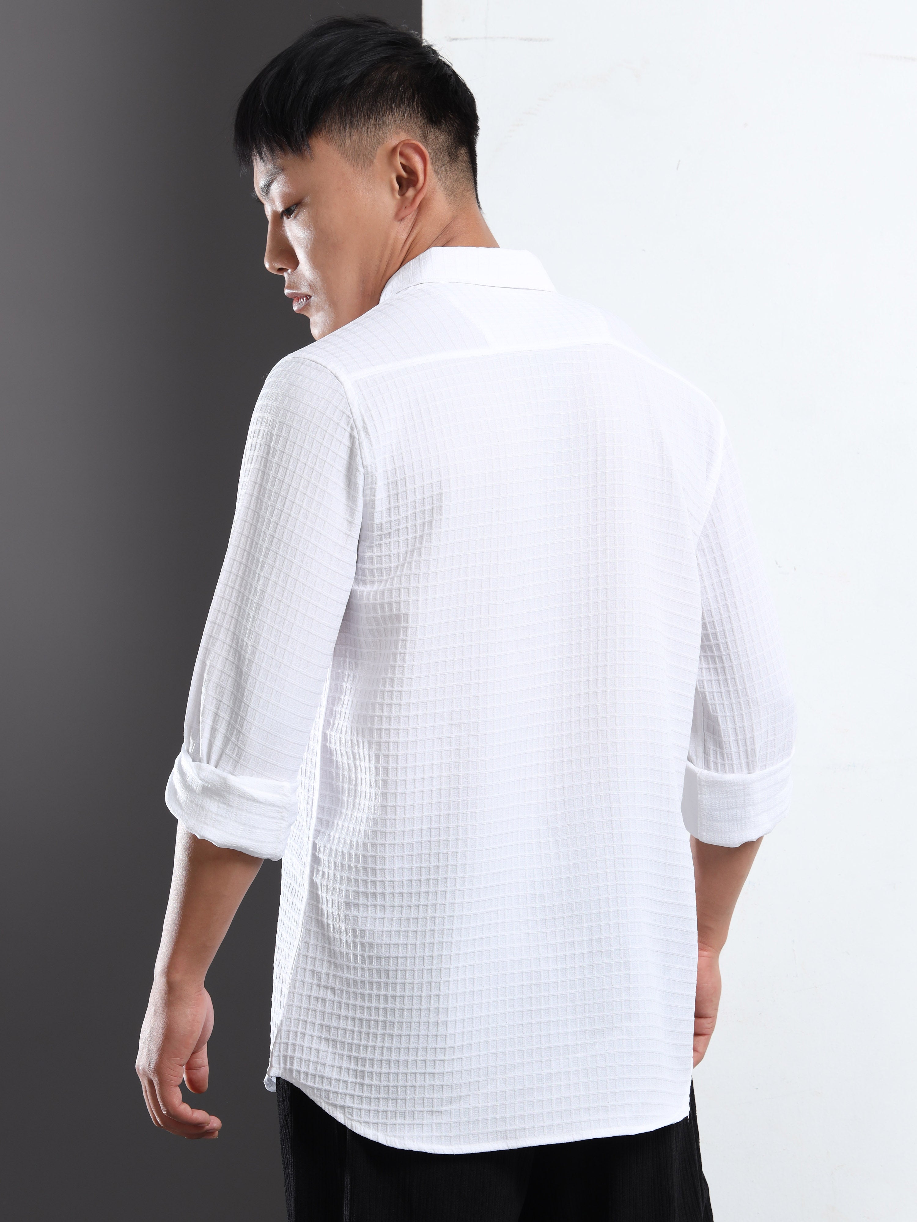 Men’s White Textured Grid Casual Shirt