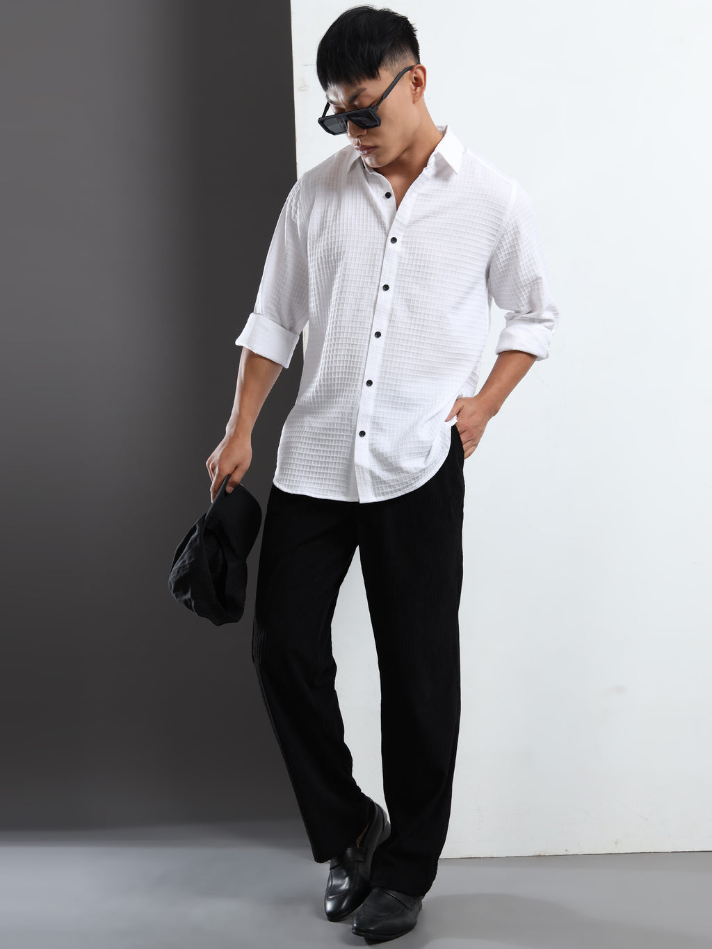 Men’s White Textured Grid Casual Shirt