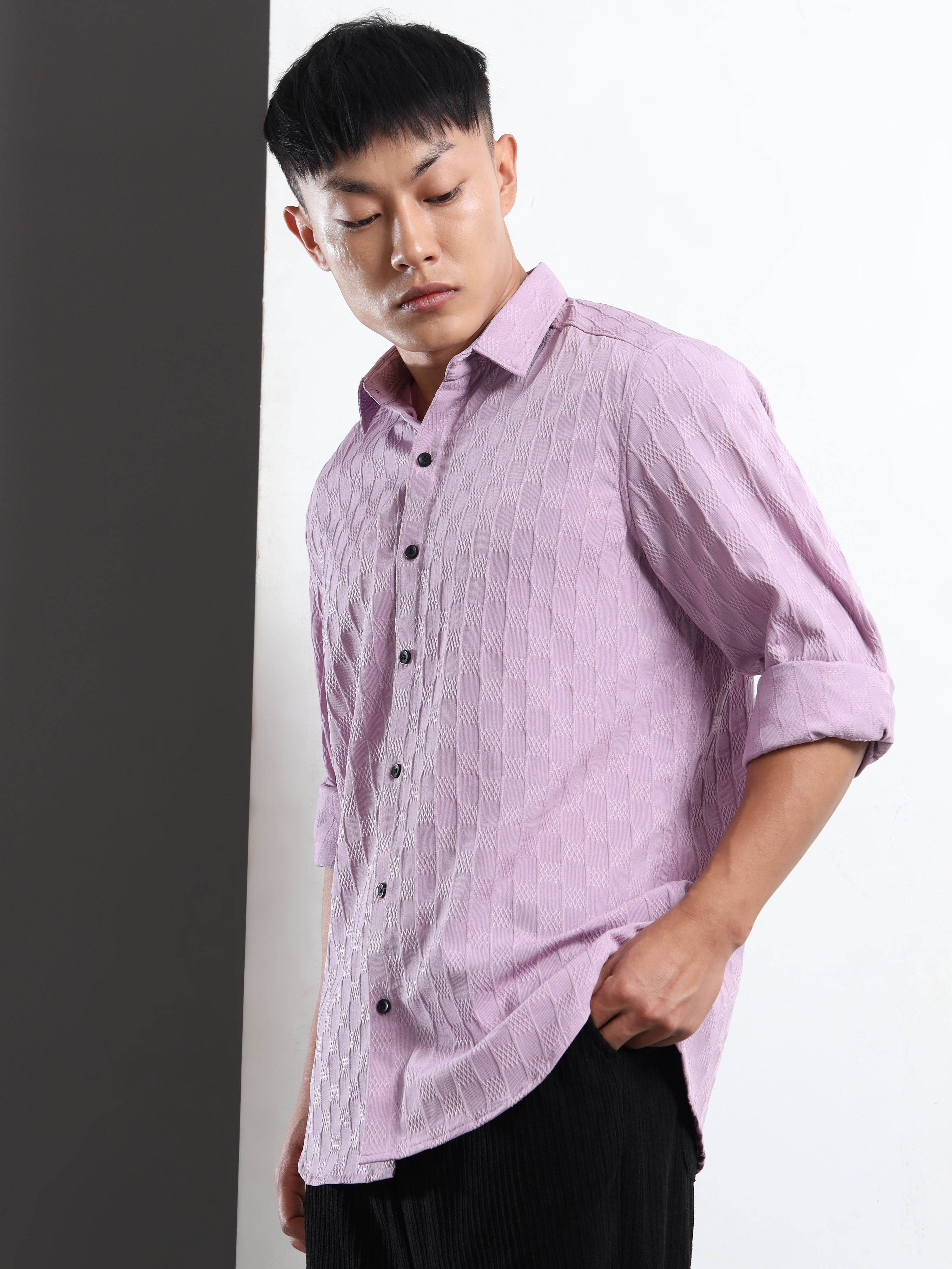 Men’s Lavender Textured Check Casual Shirt