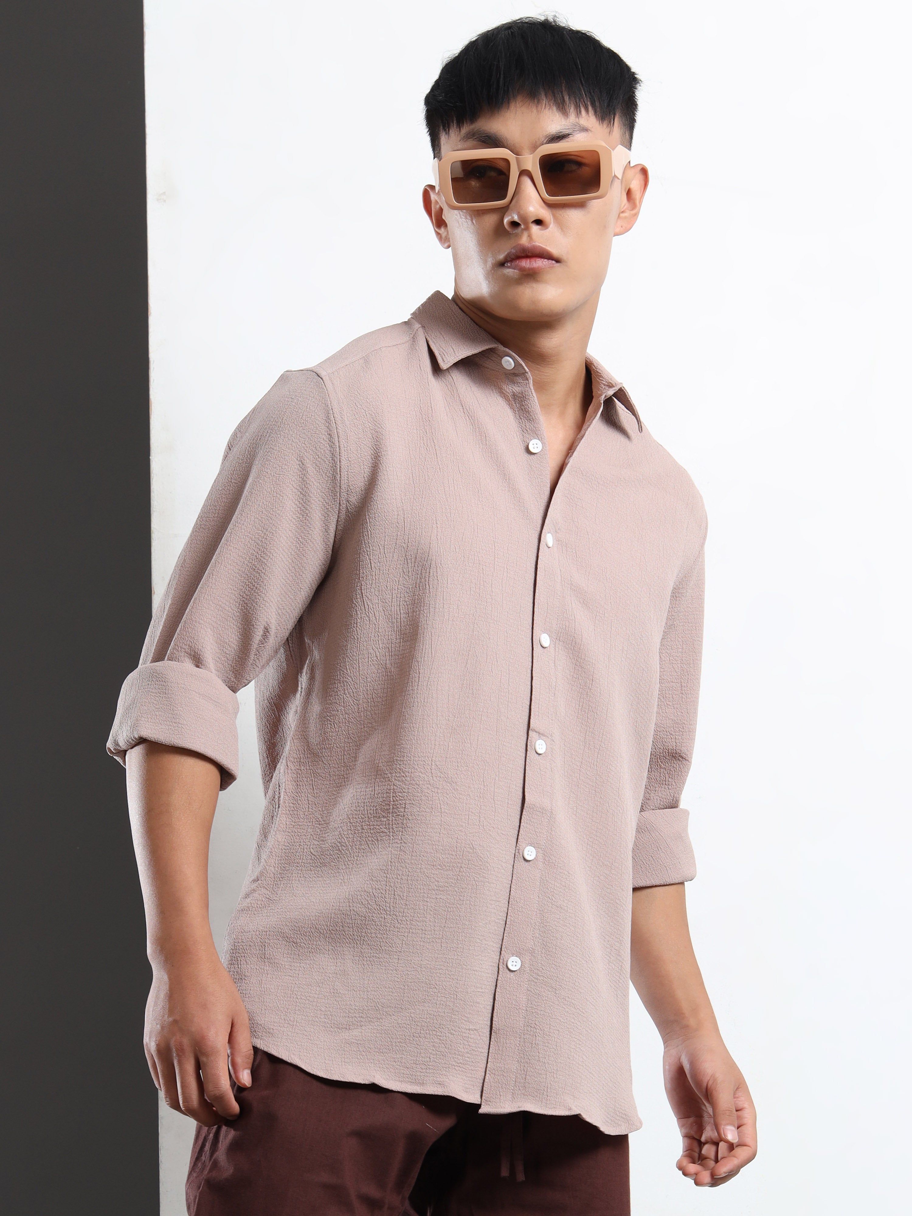 Men’s Light Brown Textured Casual Button-Down Shirt