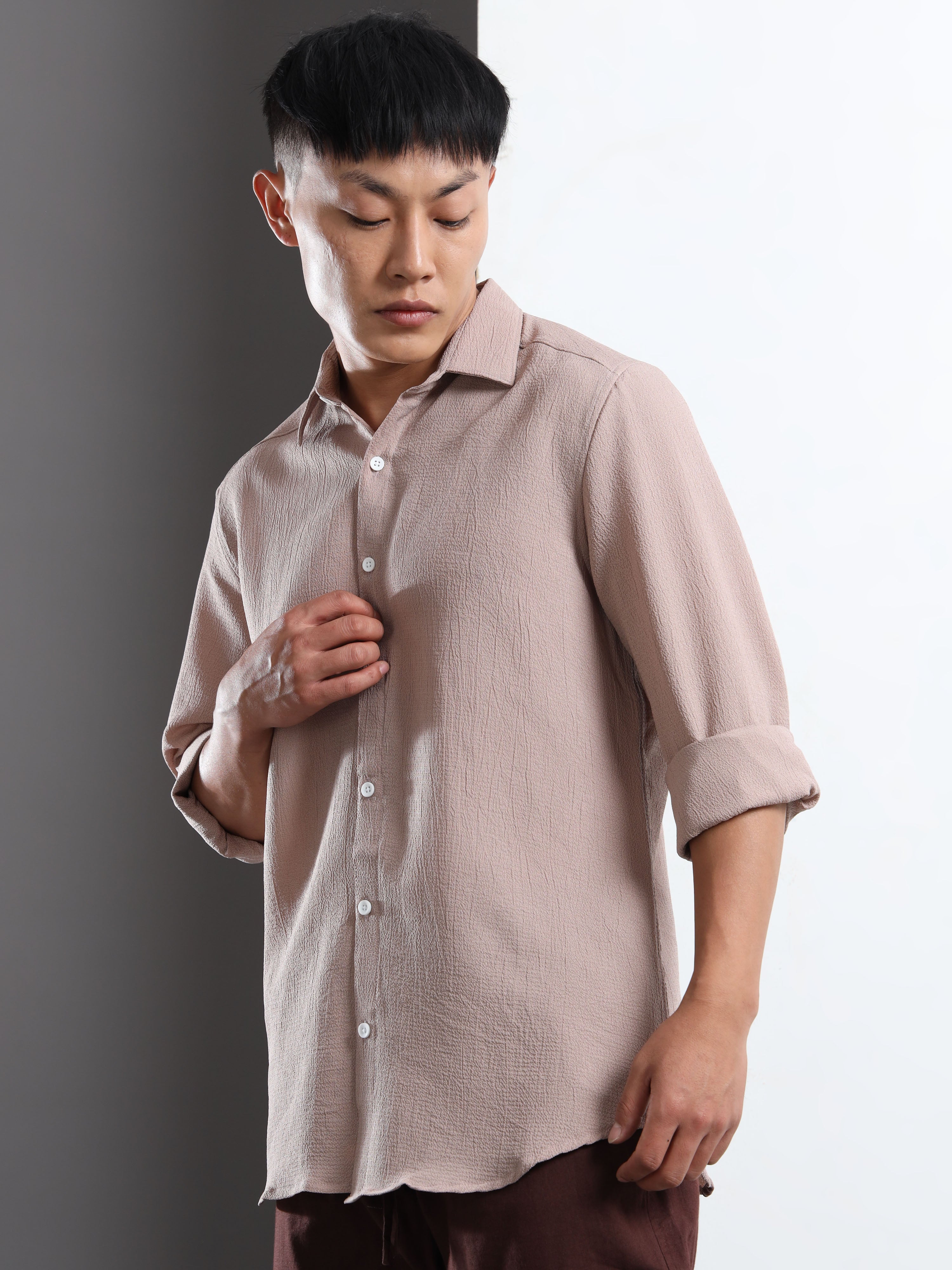 Men’s Light Brown Textured Casual Button-Down Shirt