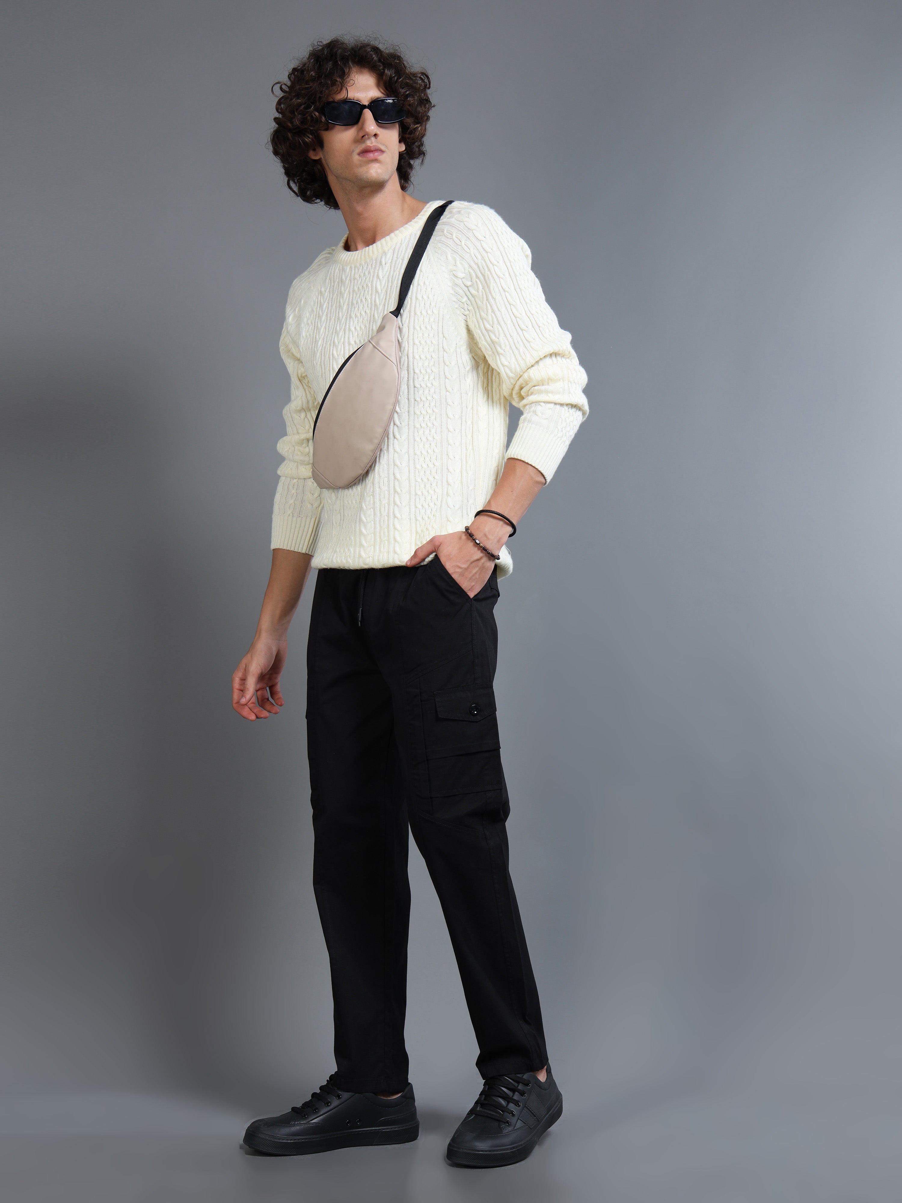 Men Slim Fit Black Cargo Trousers