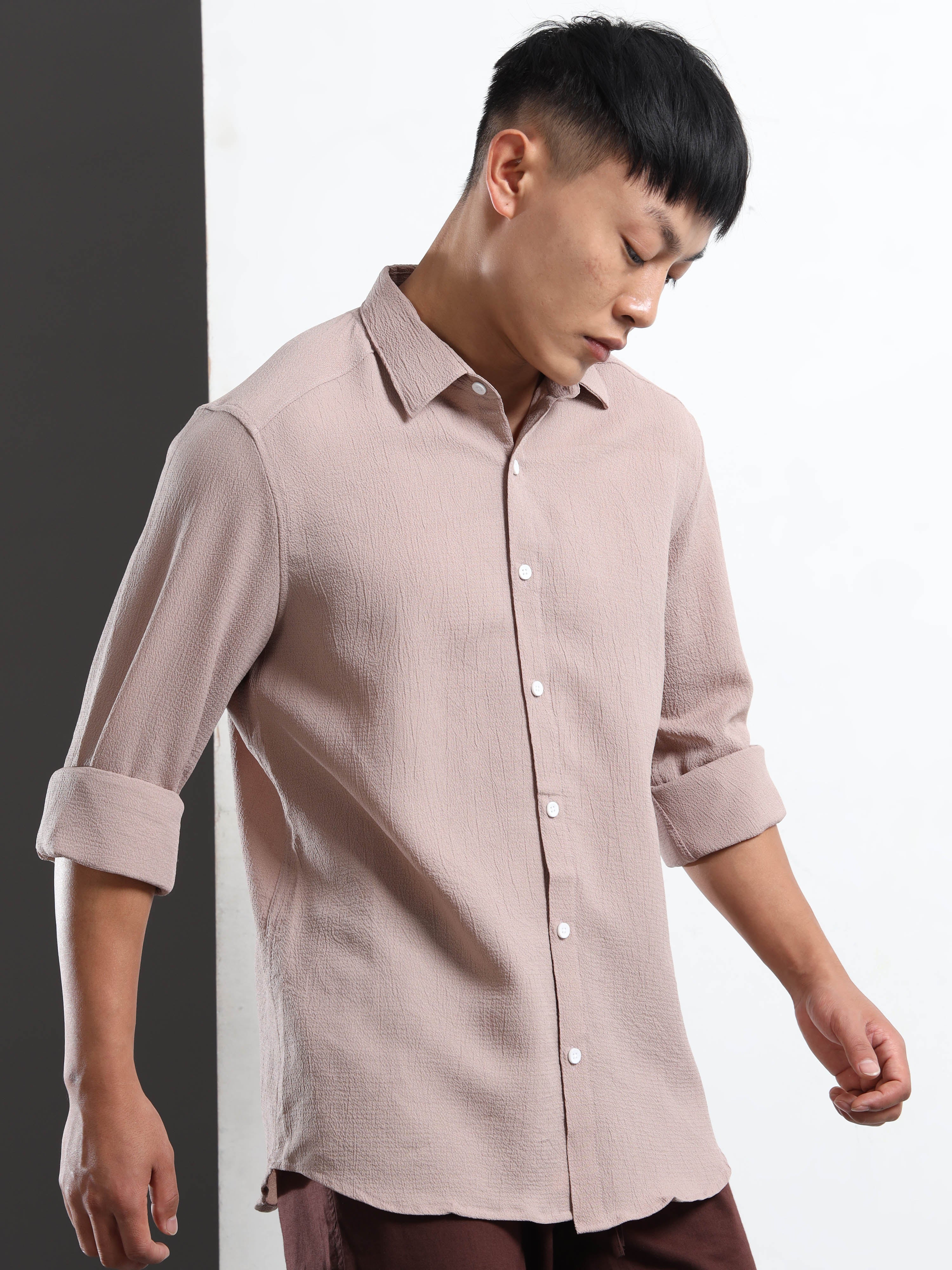 Men’s Light Brown Textured Casual Button-Down Shirt