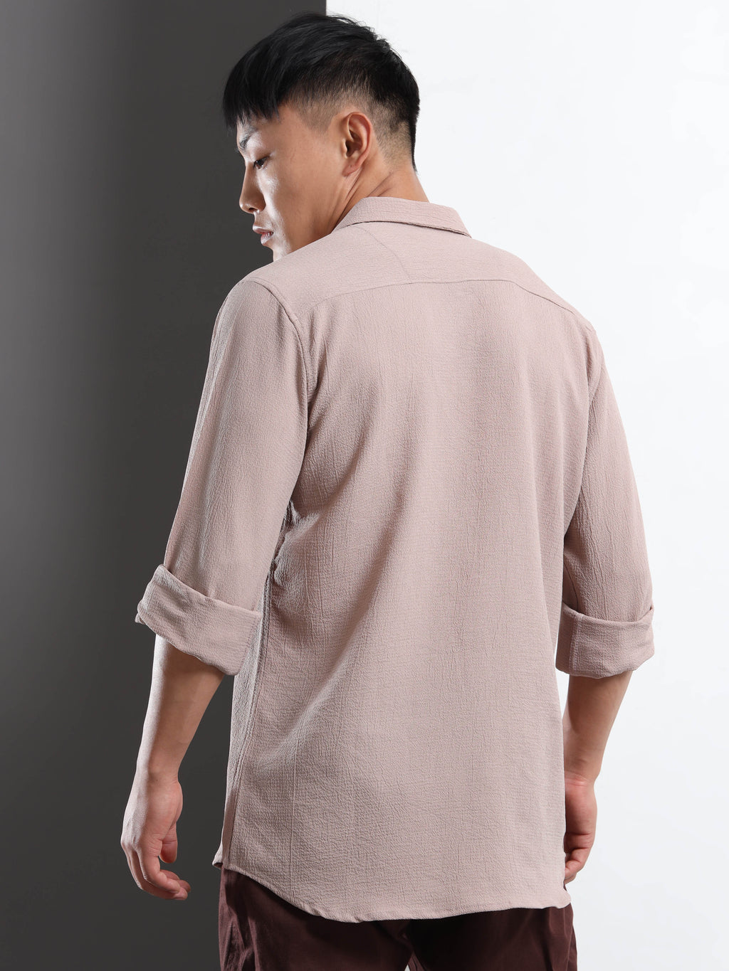 Men’s Light Brown Textured Casual Button-Down Shirt