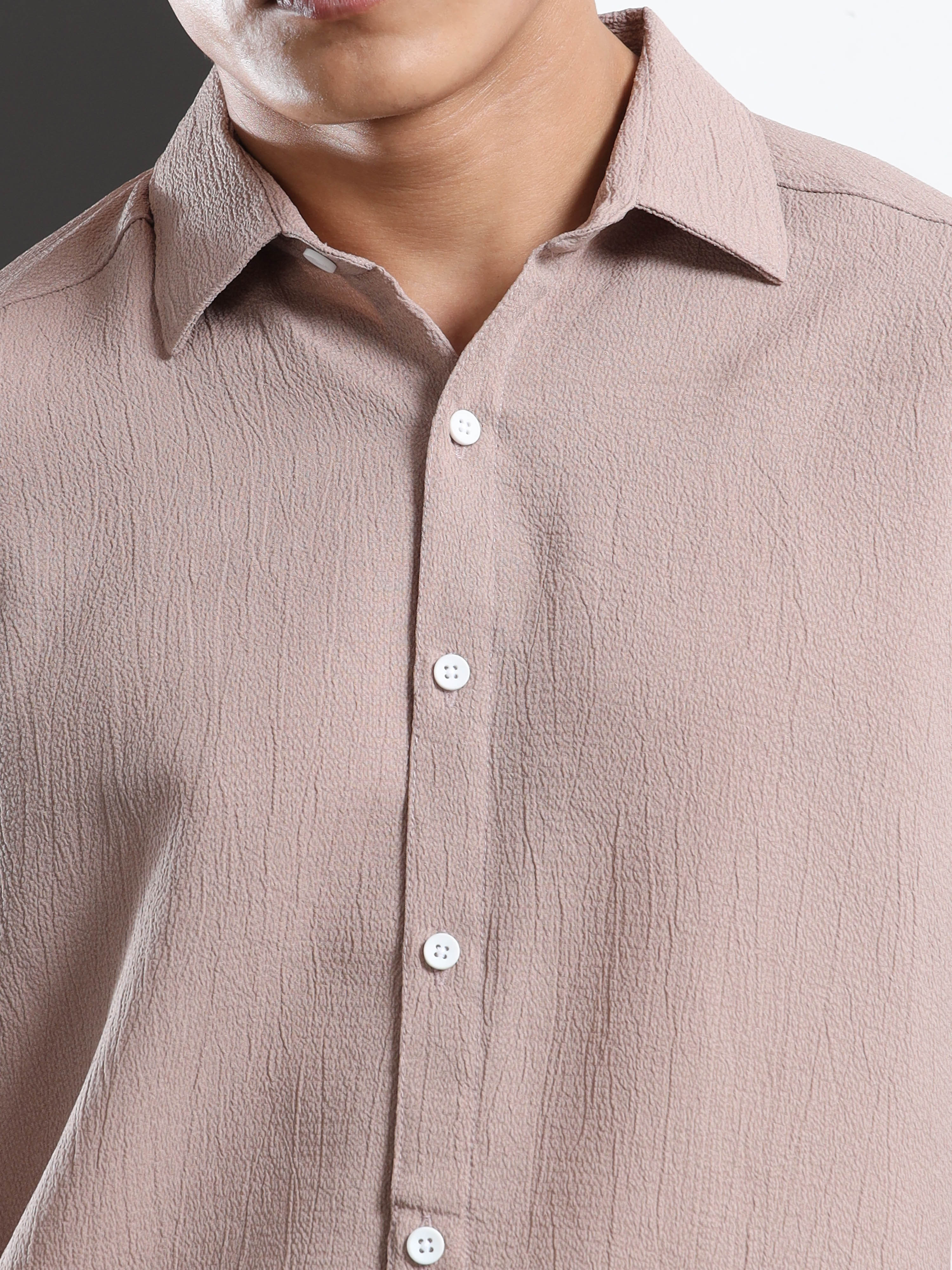 Men’s Light Brown Textured Casual Button-Down Shirt