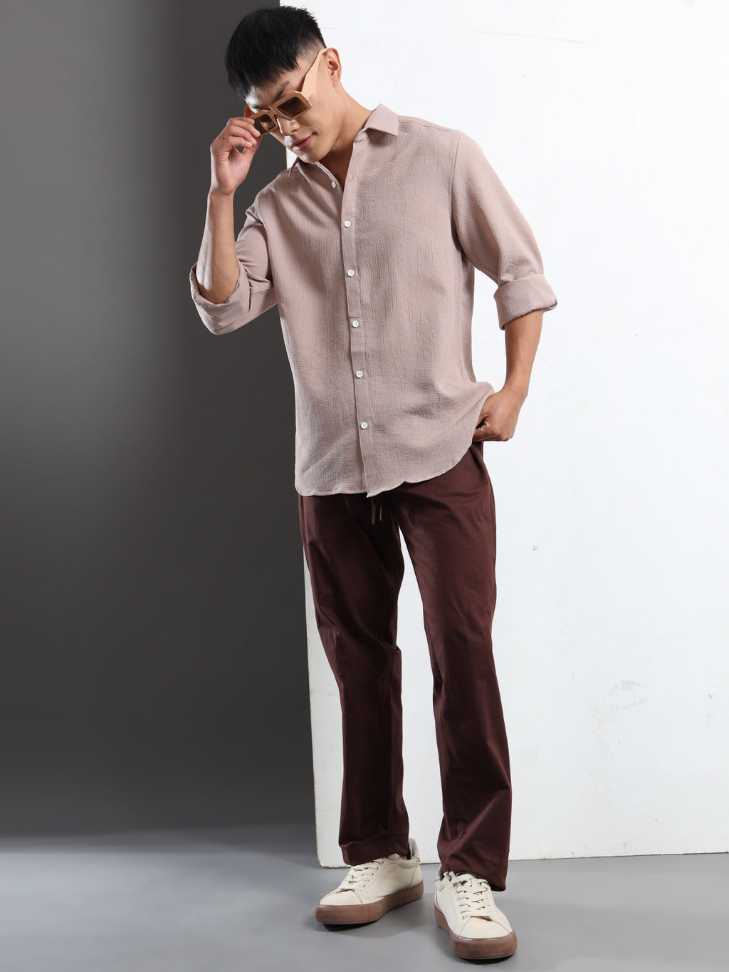 Men’s Light Brown Textured Casual Button-Down Shirt
