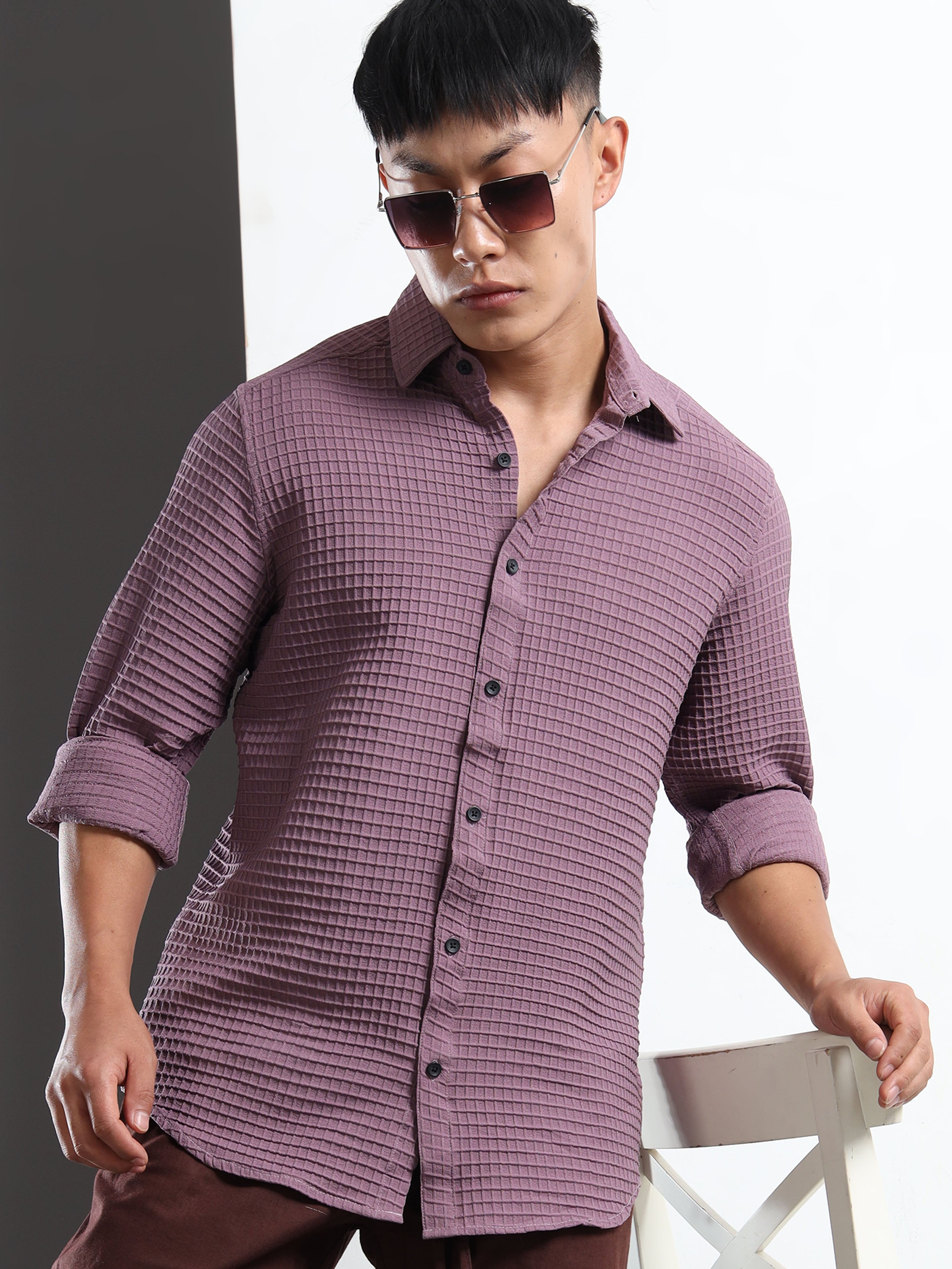 Men’s Purple Textured Grid Casual Shirt
