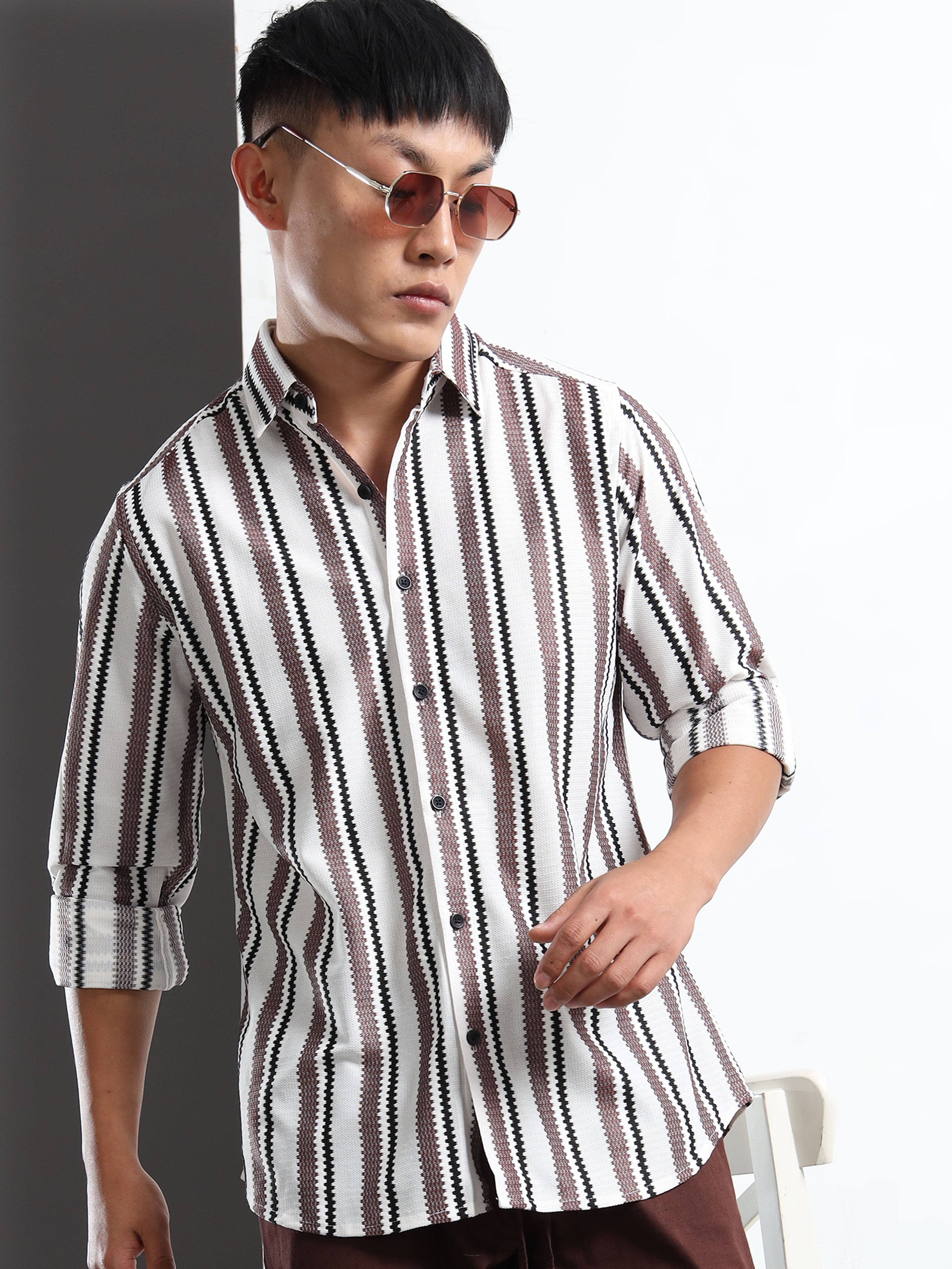 Men’s Brown-White Striped Textured Shirt