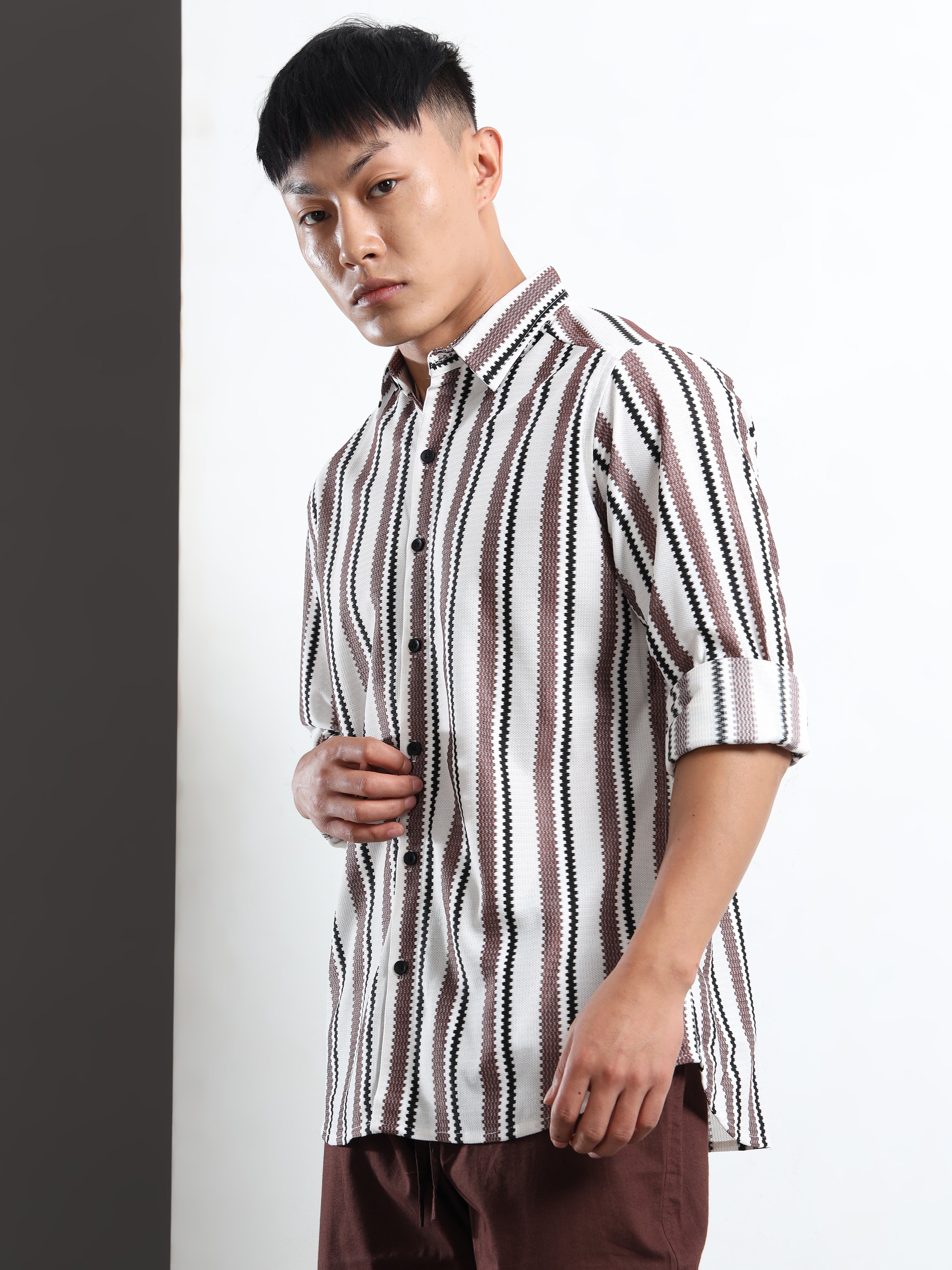 Men’s Brown-White Striped Textured Shirt