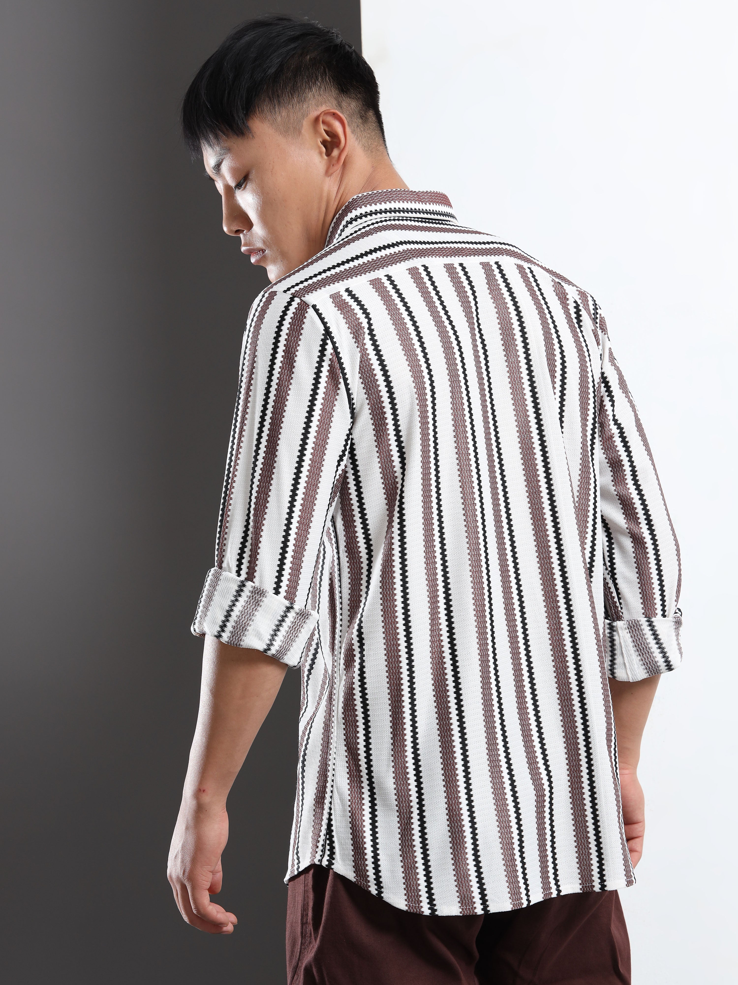 Men’s Brown-White Striped Textured Shirt