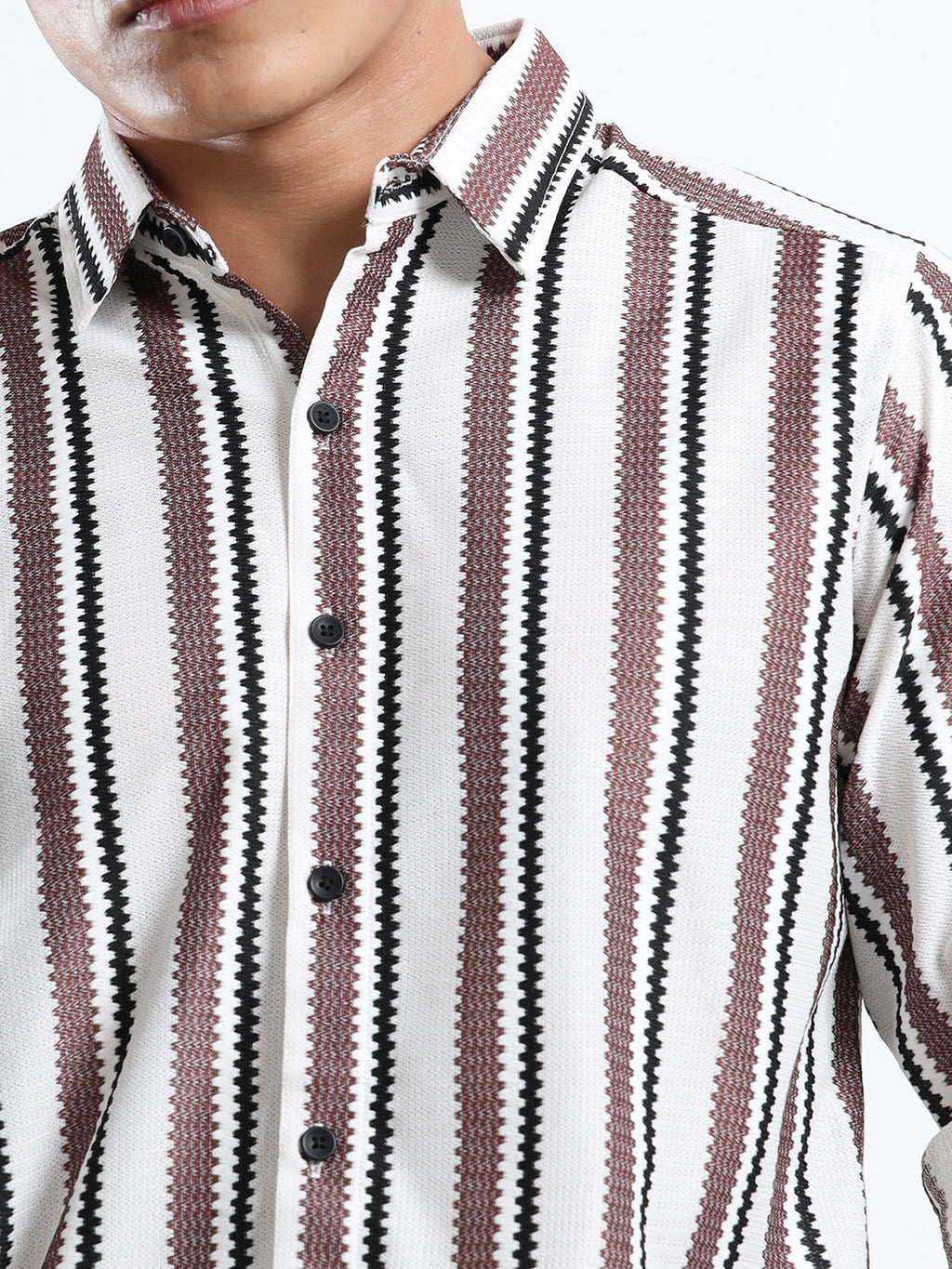 Men’s Brown-White Striped Textured Shirt