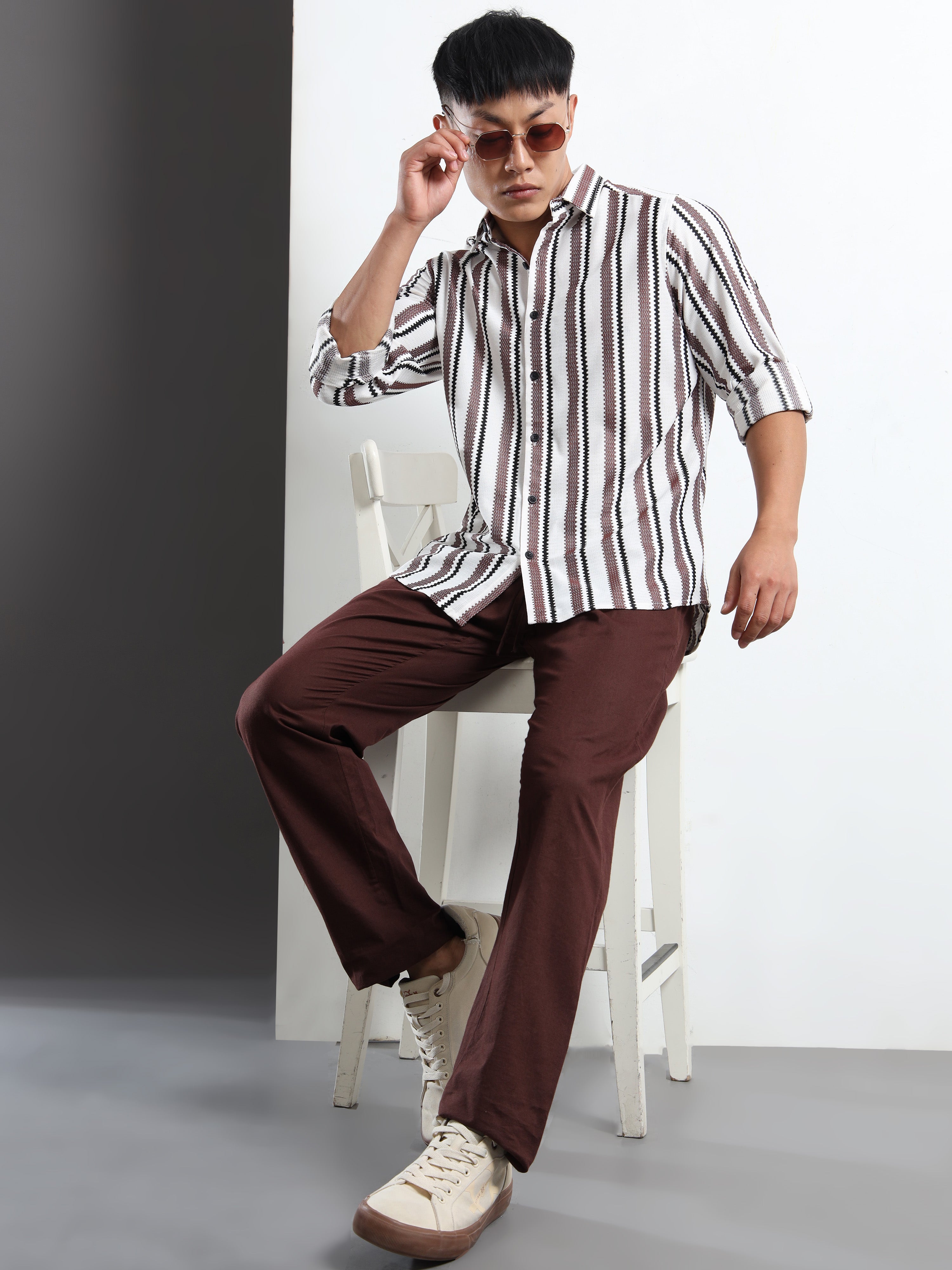 Men’s Brown-White Striped Textured Shirt