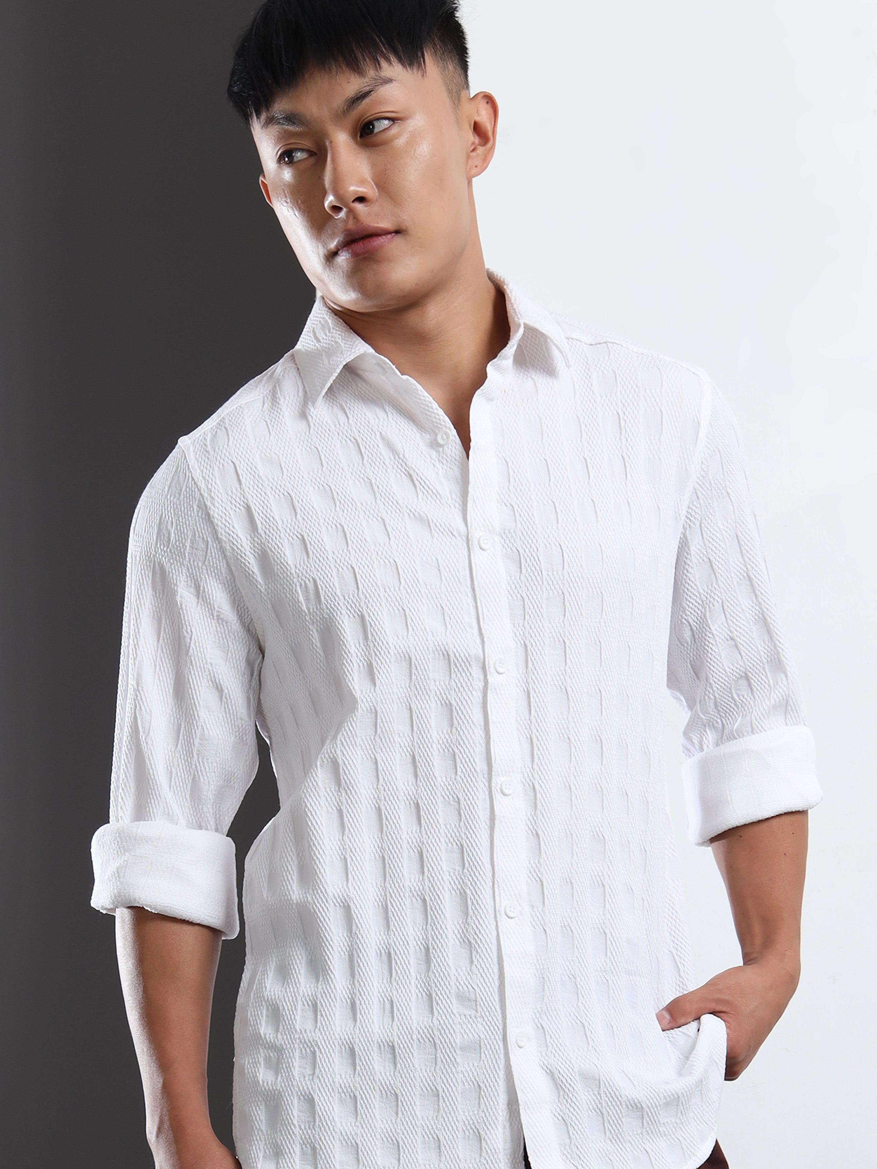 Men’s White Textured Check Casual Shirt