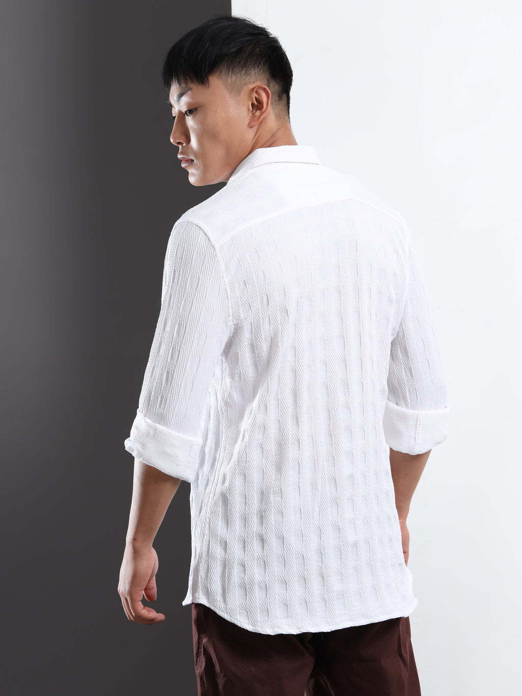 Men’s White Textured Check Casual Shirt