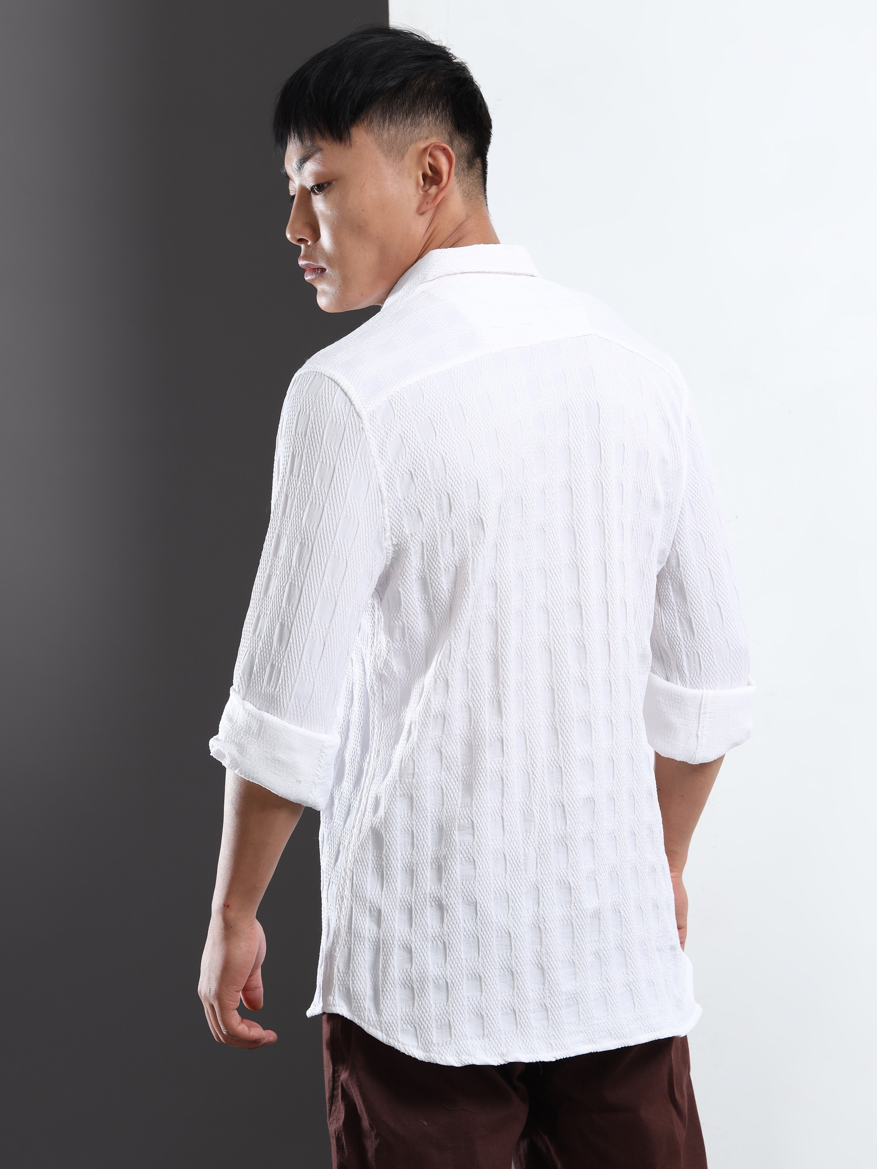 Men’s White Textured Check Casual Shirt