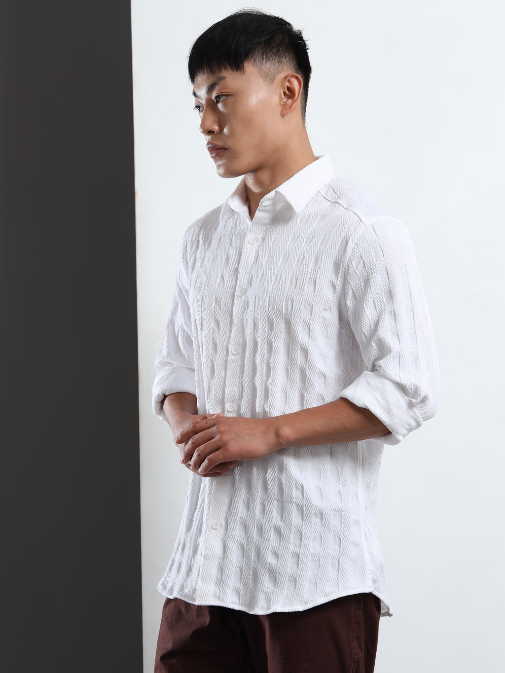 Men’s White Textured Check Casual Shirt