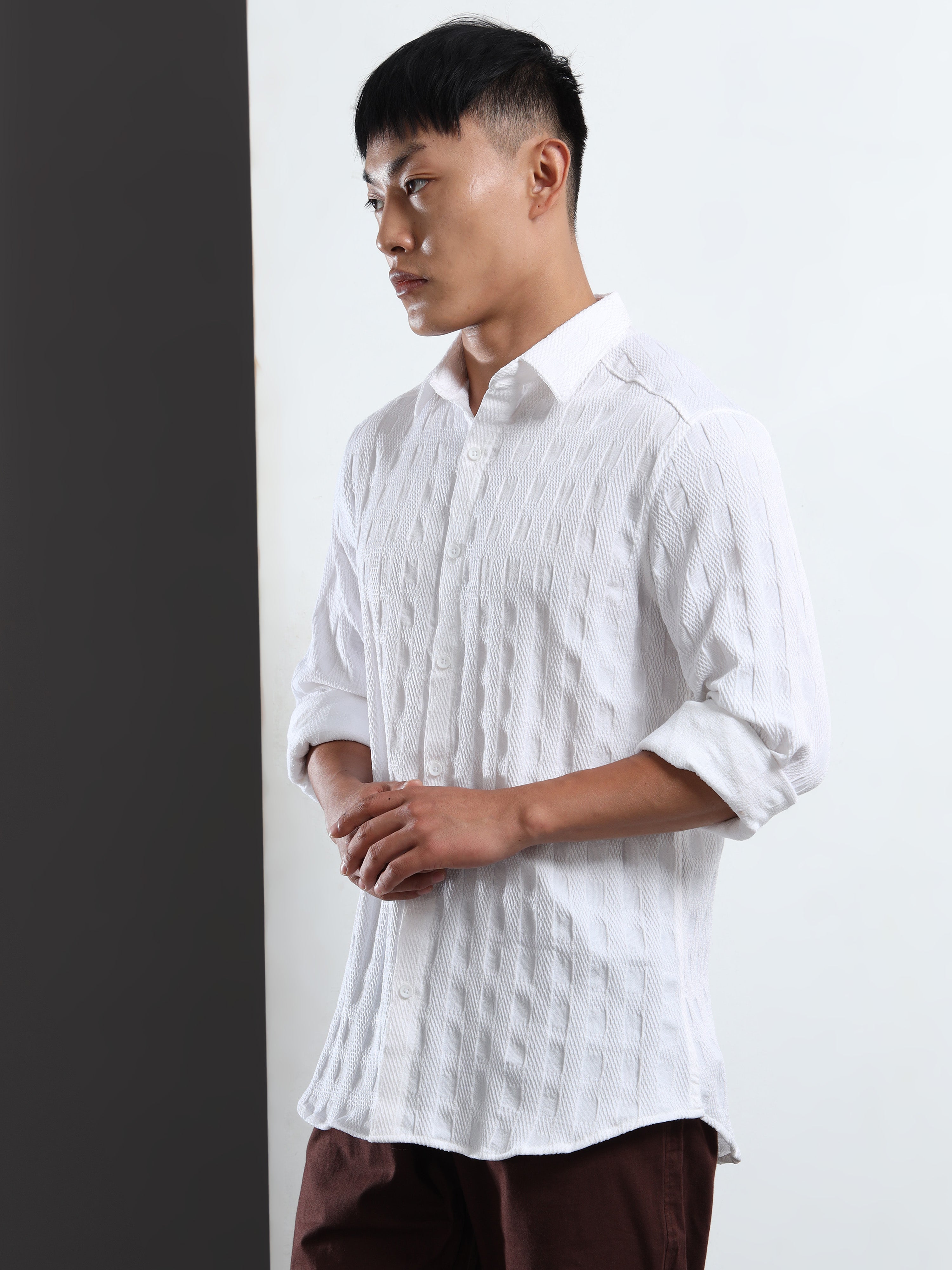 Men’s White Textured Check Casual Shirt
