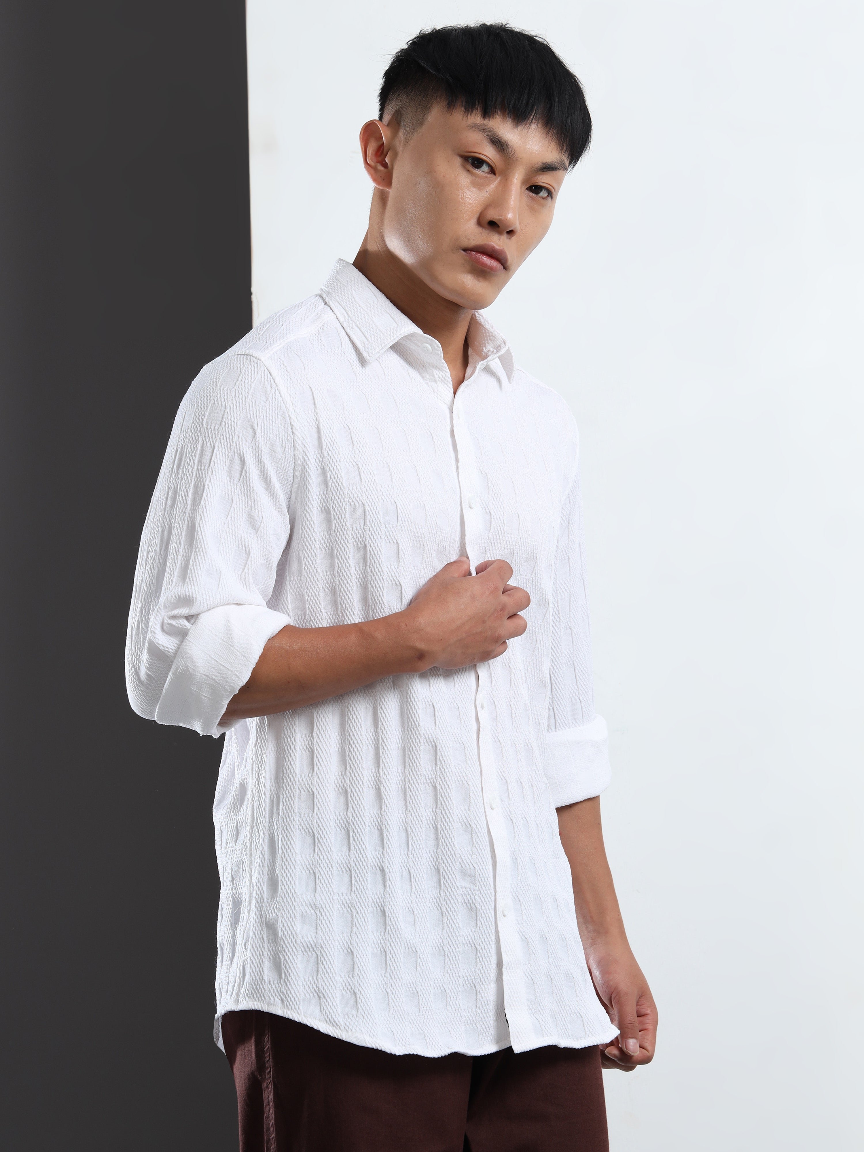 Men’s White Textured Check Casual Shirt