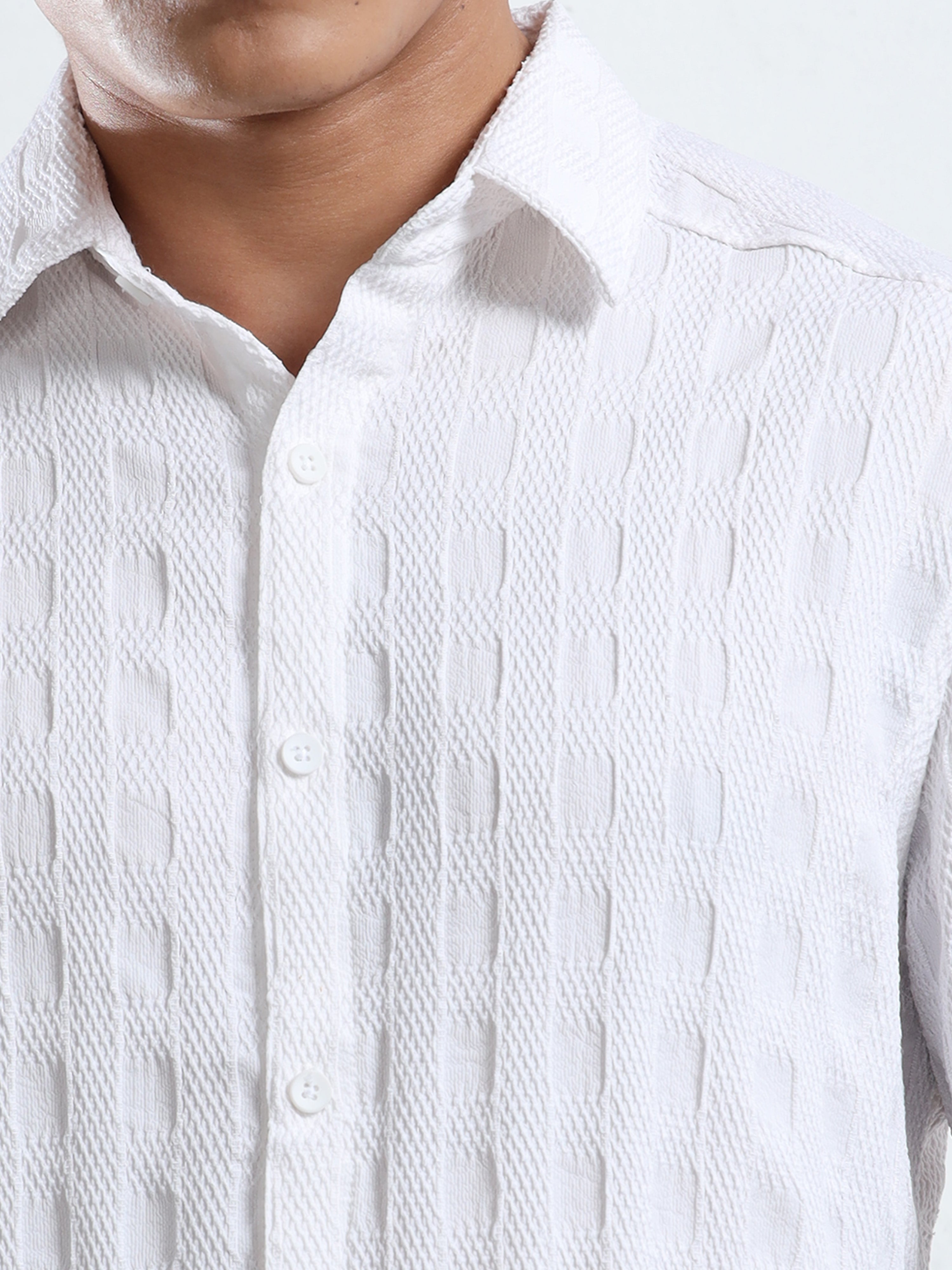 Men’s White Textured Check Casual Shirt