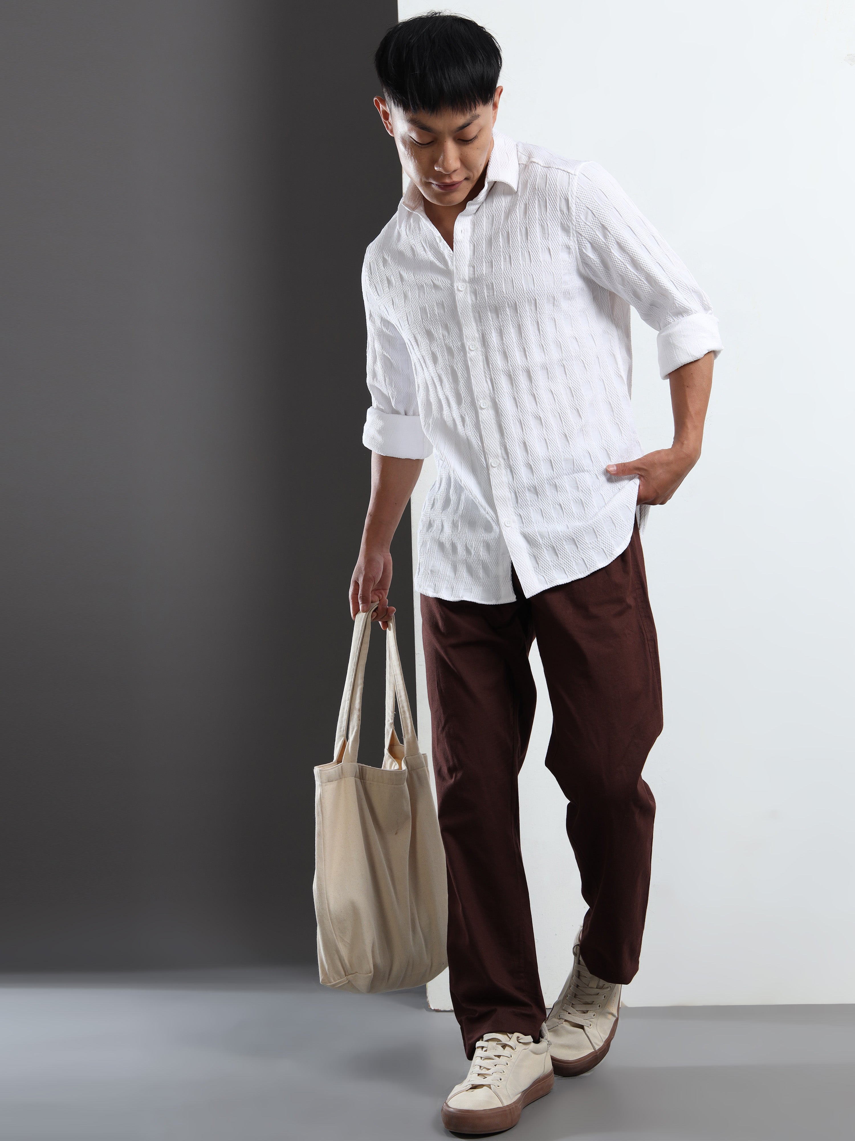 Men’s White Textured Check Casual Shirt
