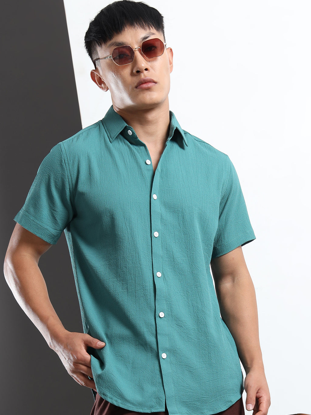 Men's Teal Crinkled Textured Short Sleeve Casual Shirt