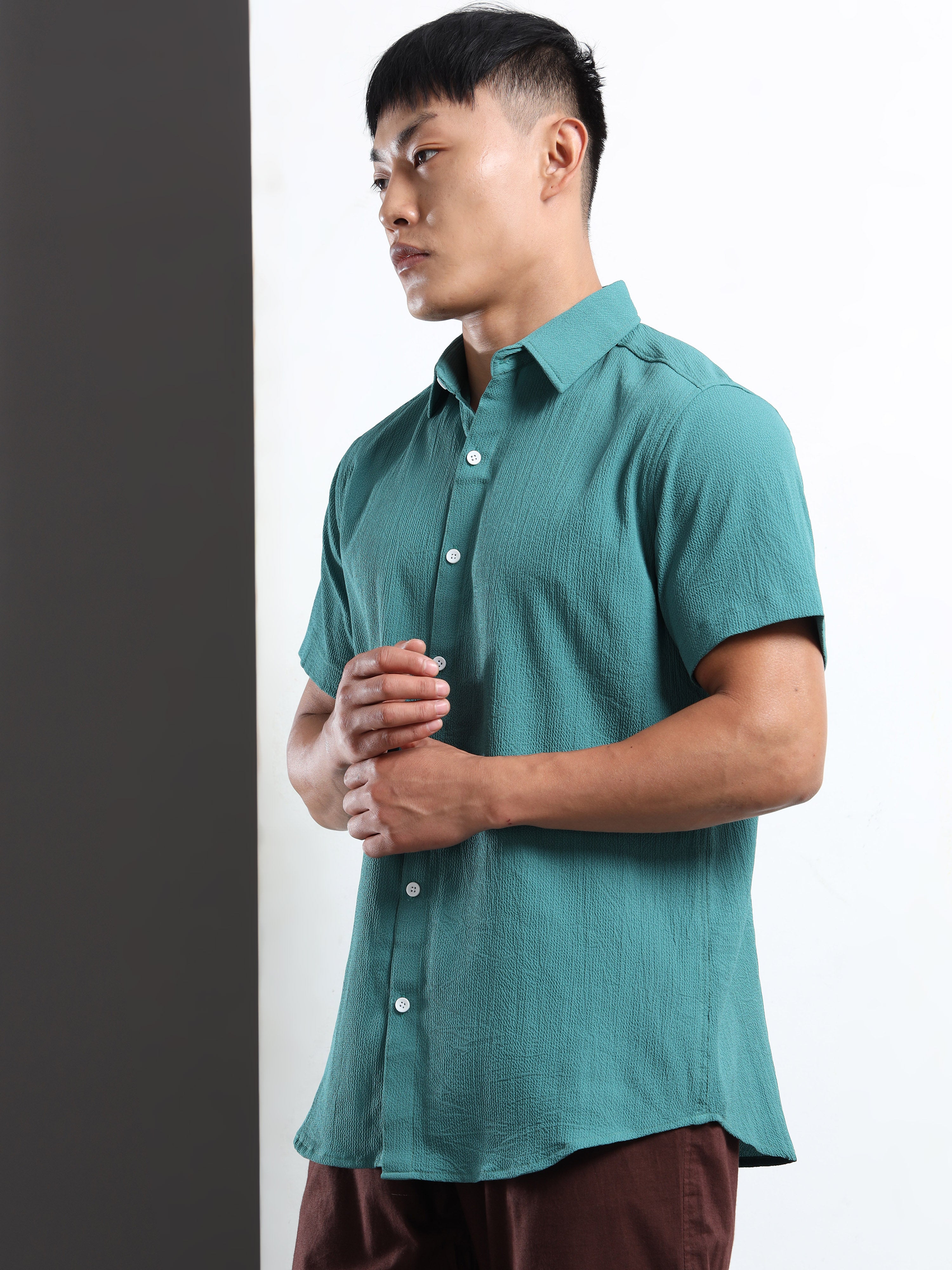 Men's Teal Crinkled Textured Short Sleeve Casual Shirt