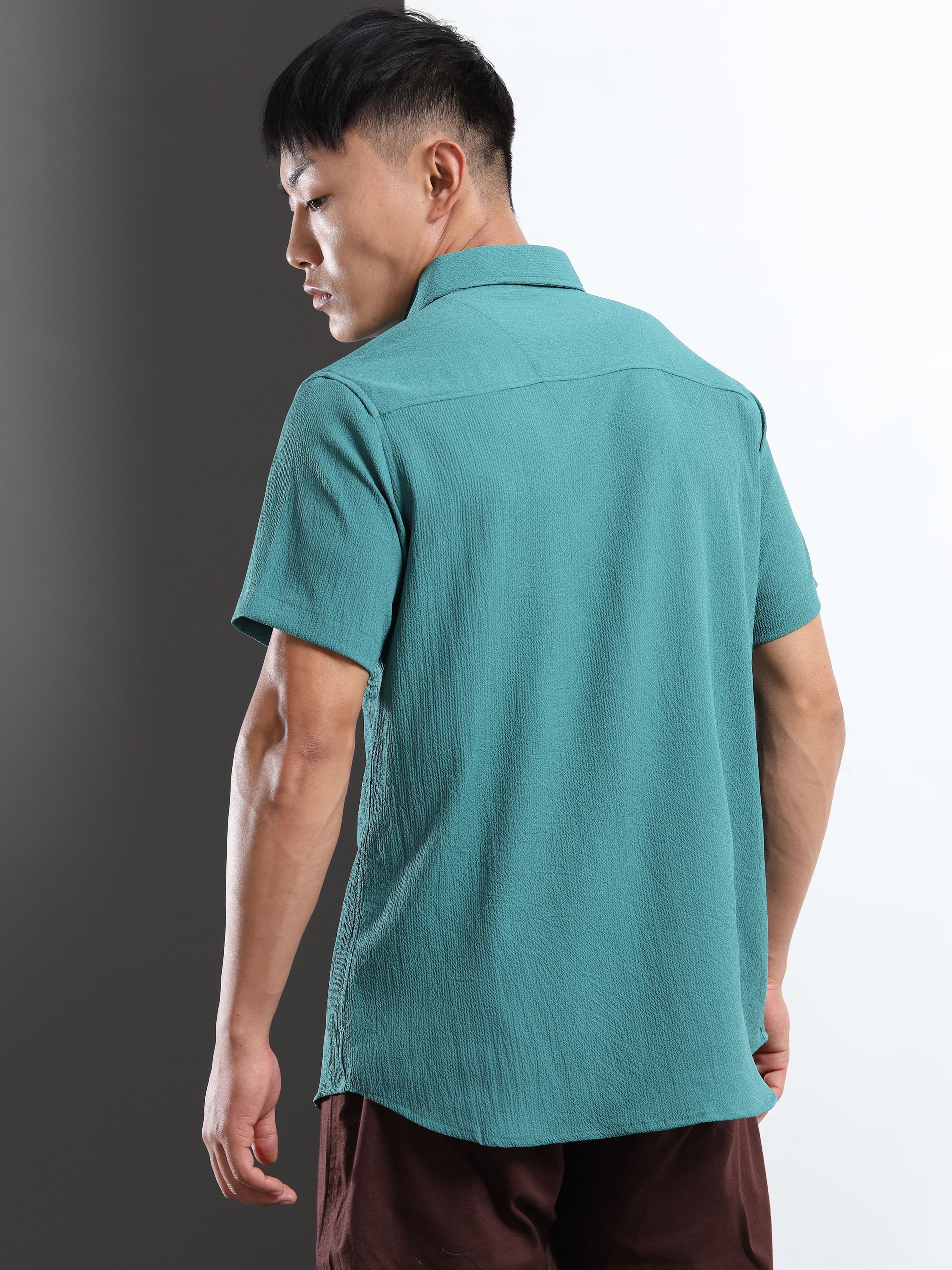 Men's Teal Crinkled Textured Short Sleeve Casual Shirt