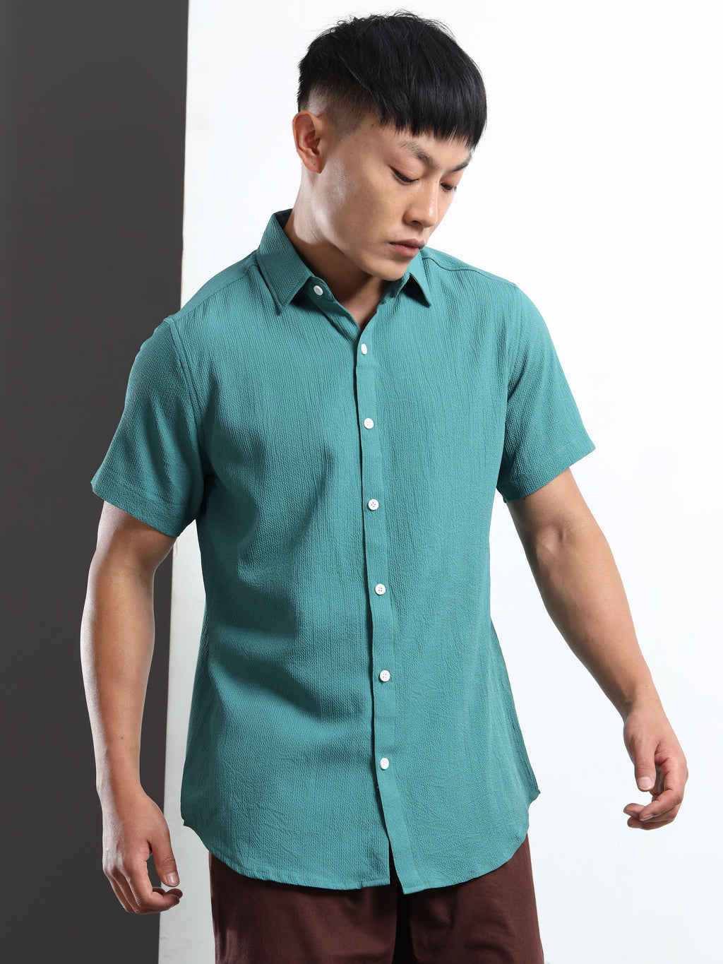 Men's Teal Crinkled Textured Short Sleeve Casual Shirt