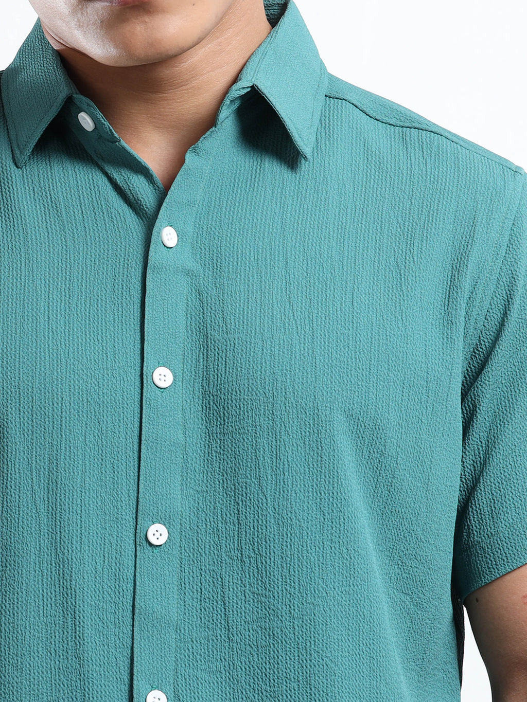 Men's Teal Crinkled Textured Short Sleeve Casual Shirt
