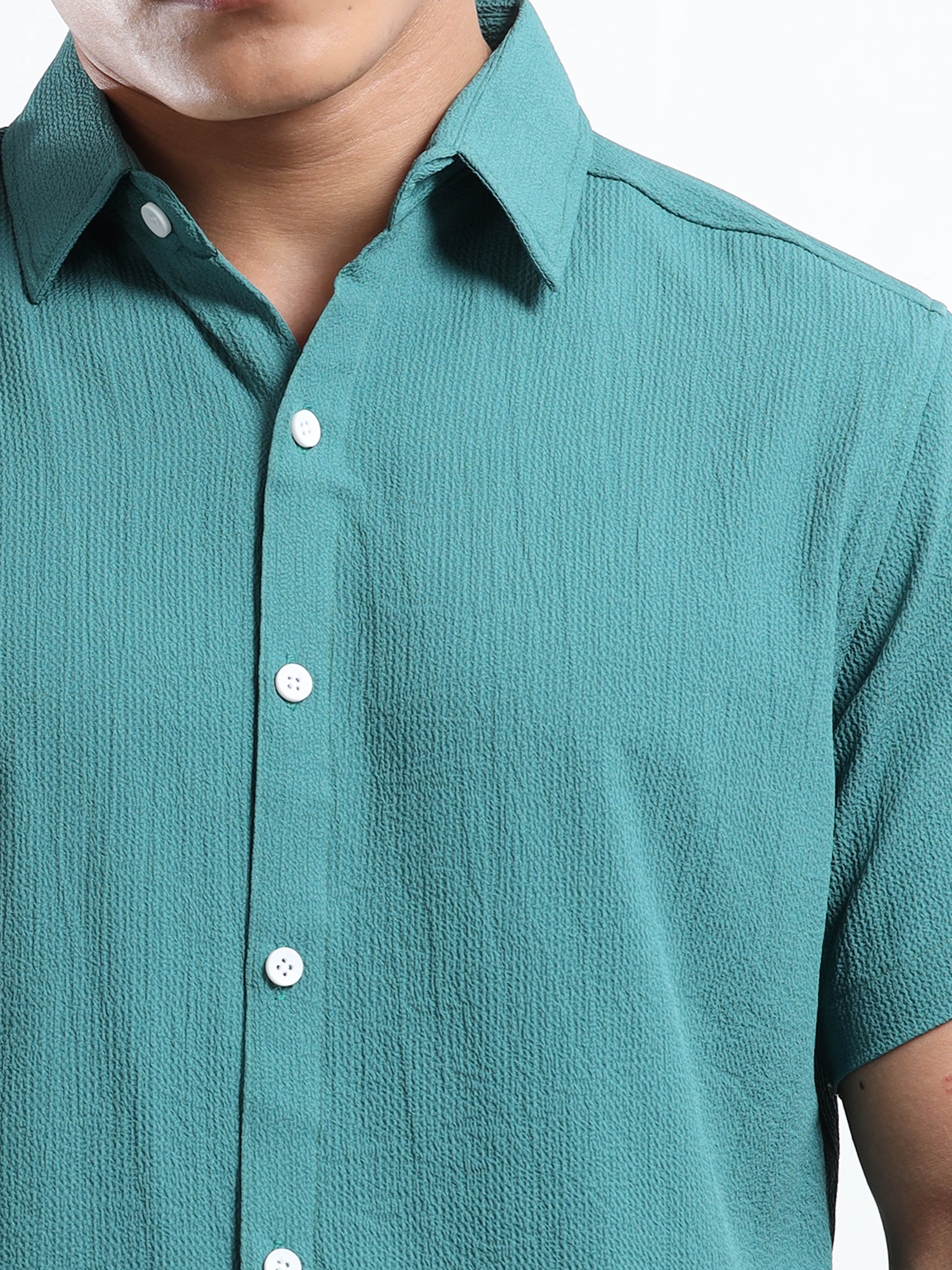 Men's Teal Crinkled Textured Short Sleeve Casual Shirt