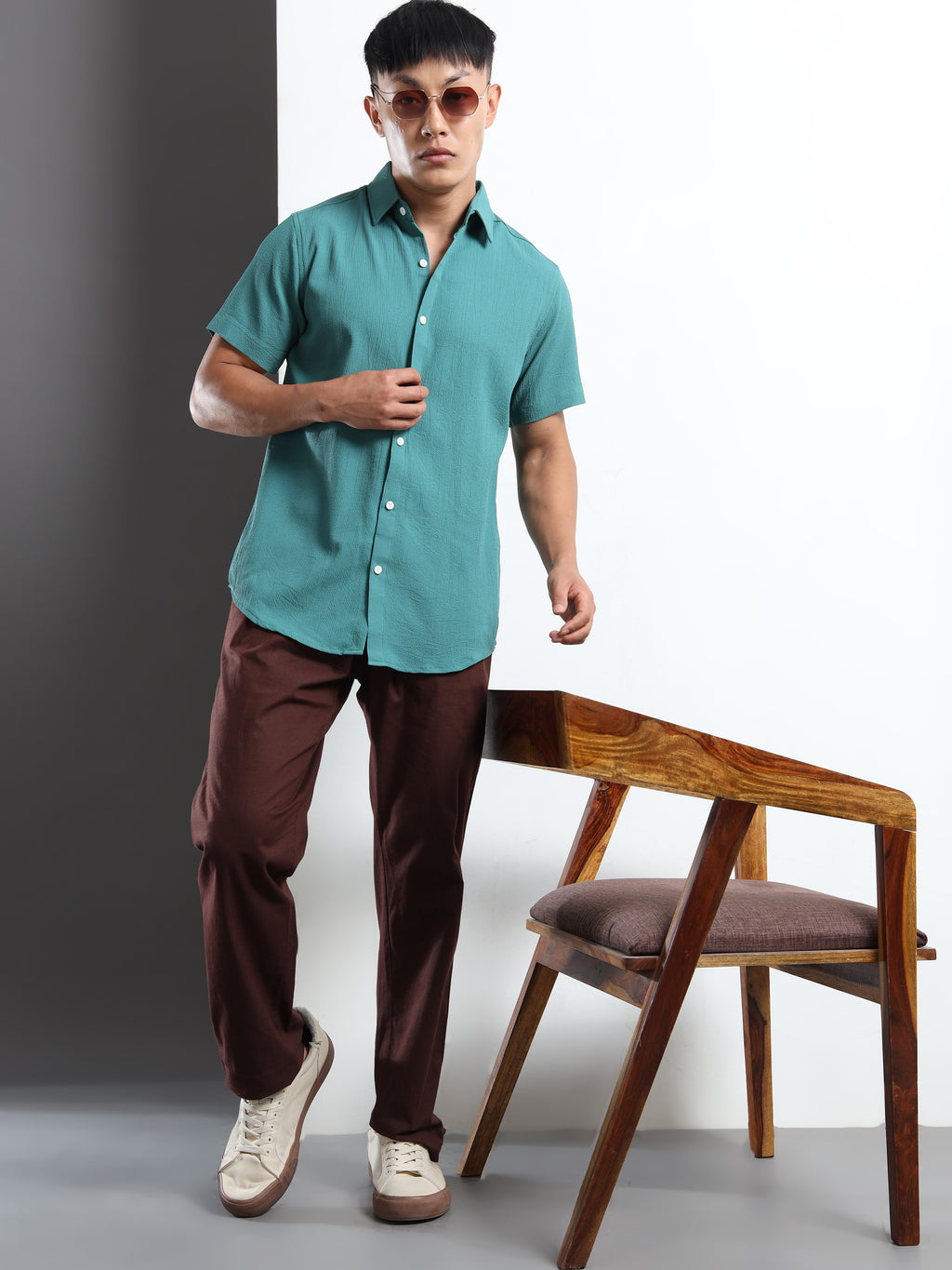 Men's Teal Crinkled Textured Short Sleeve Casual Shirt
