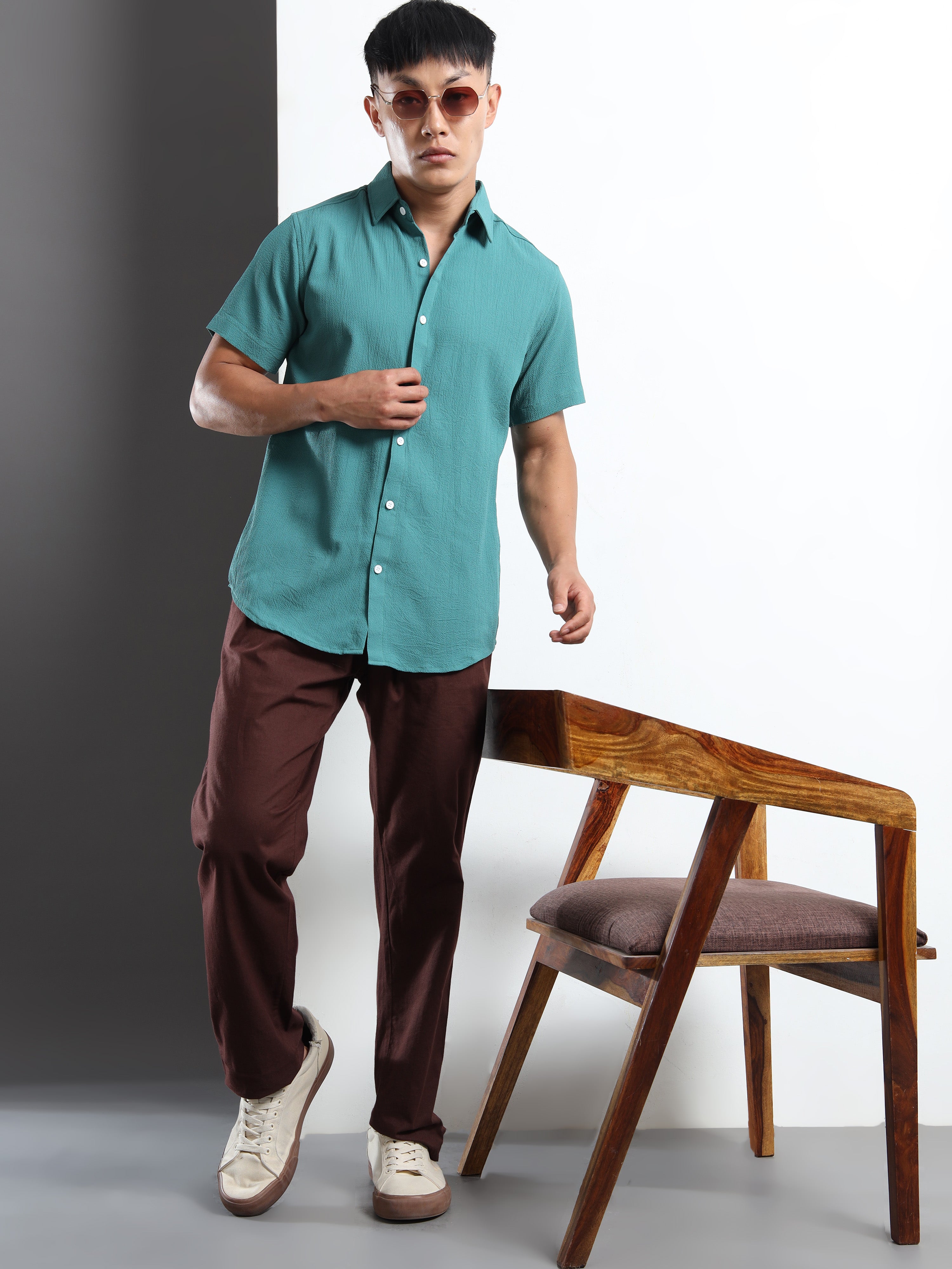 Men's Teal Crinkled Textured Short Sleeve Casual Shirt