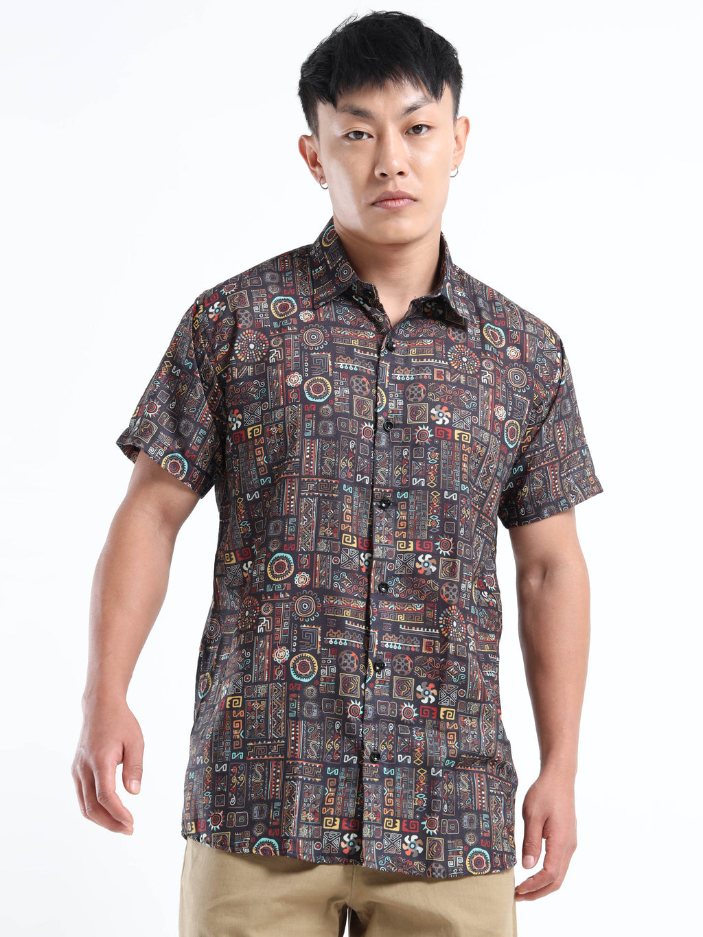 Men's Slim Fit Black Multi-Colour Geometric Printed Casual Shirt