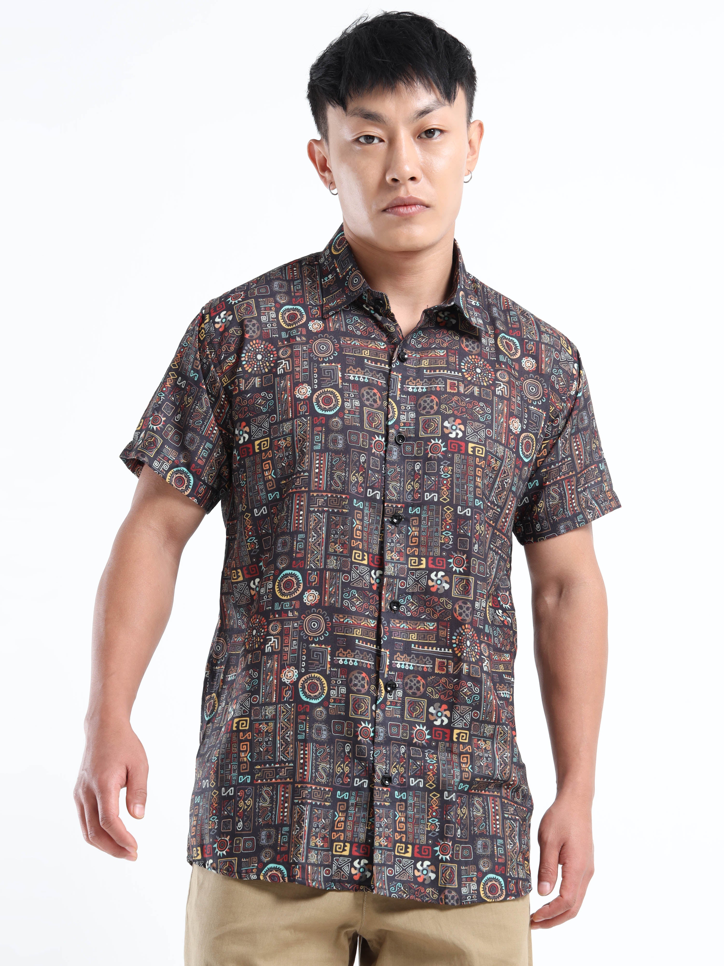 Men's Slim Fit Black Multi-Colour Geometric Printed Casual Shirt