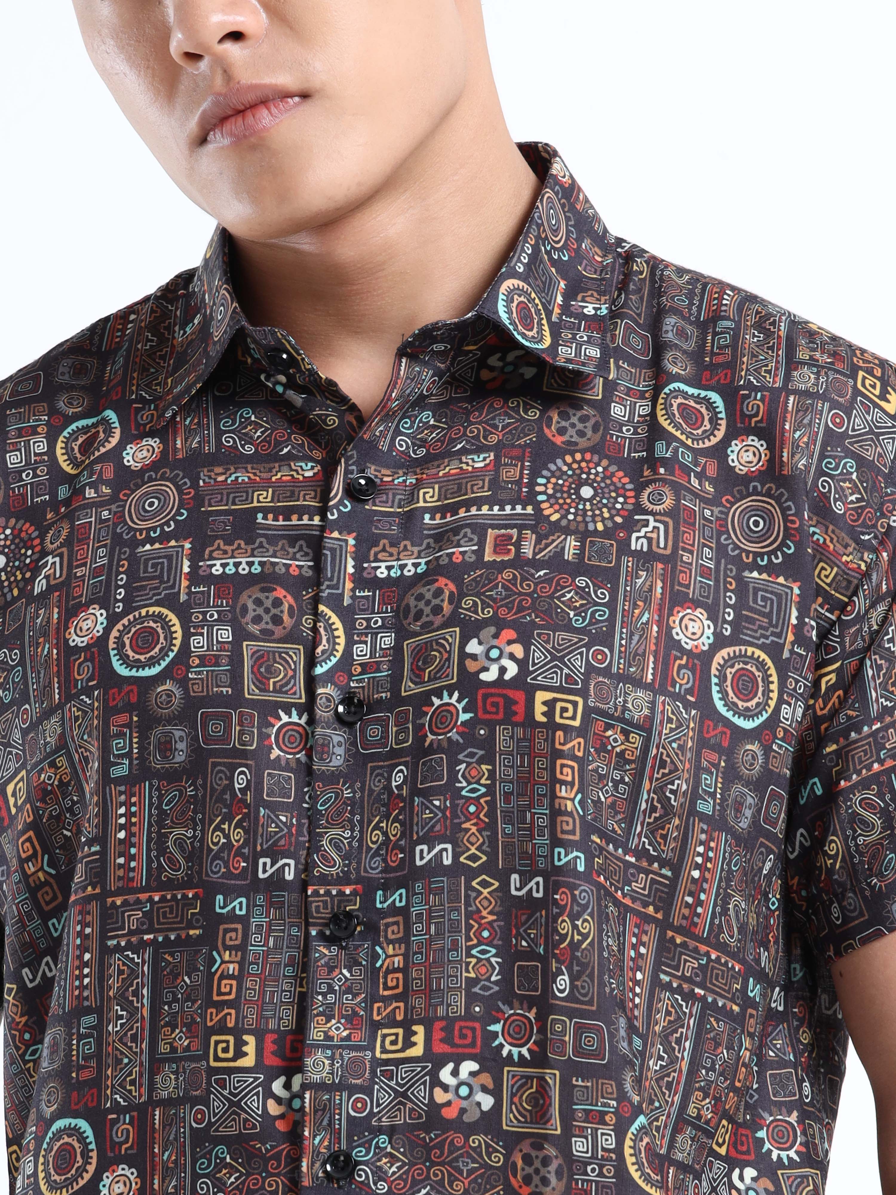 Men's Slim Fit Black Multi-Colour Geometric Printed Casual Shirt