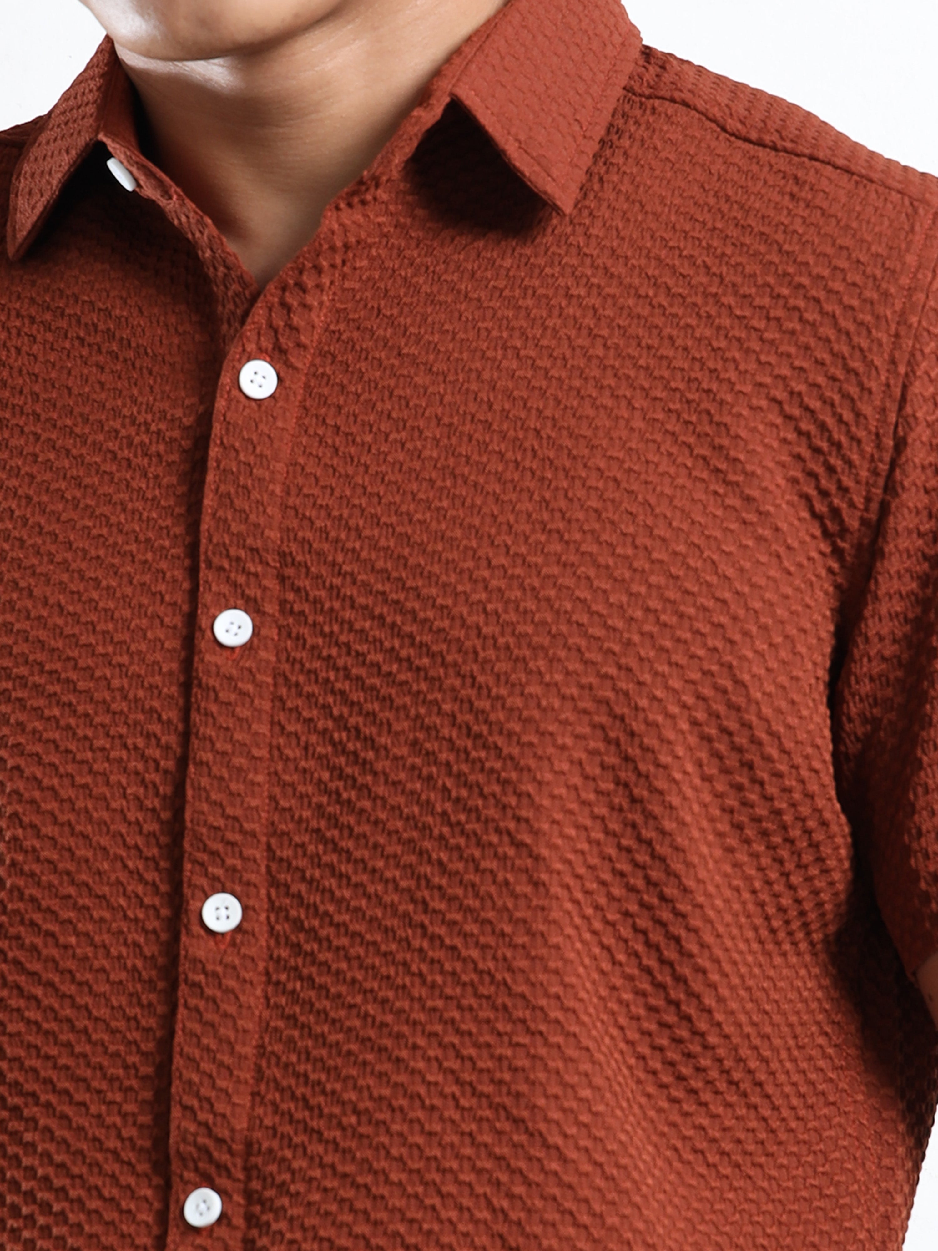 Men's Brown Geometric Textured Short Sleeve Casual Shirt