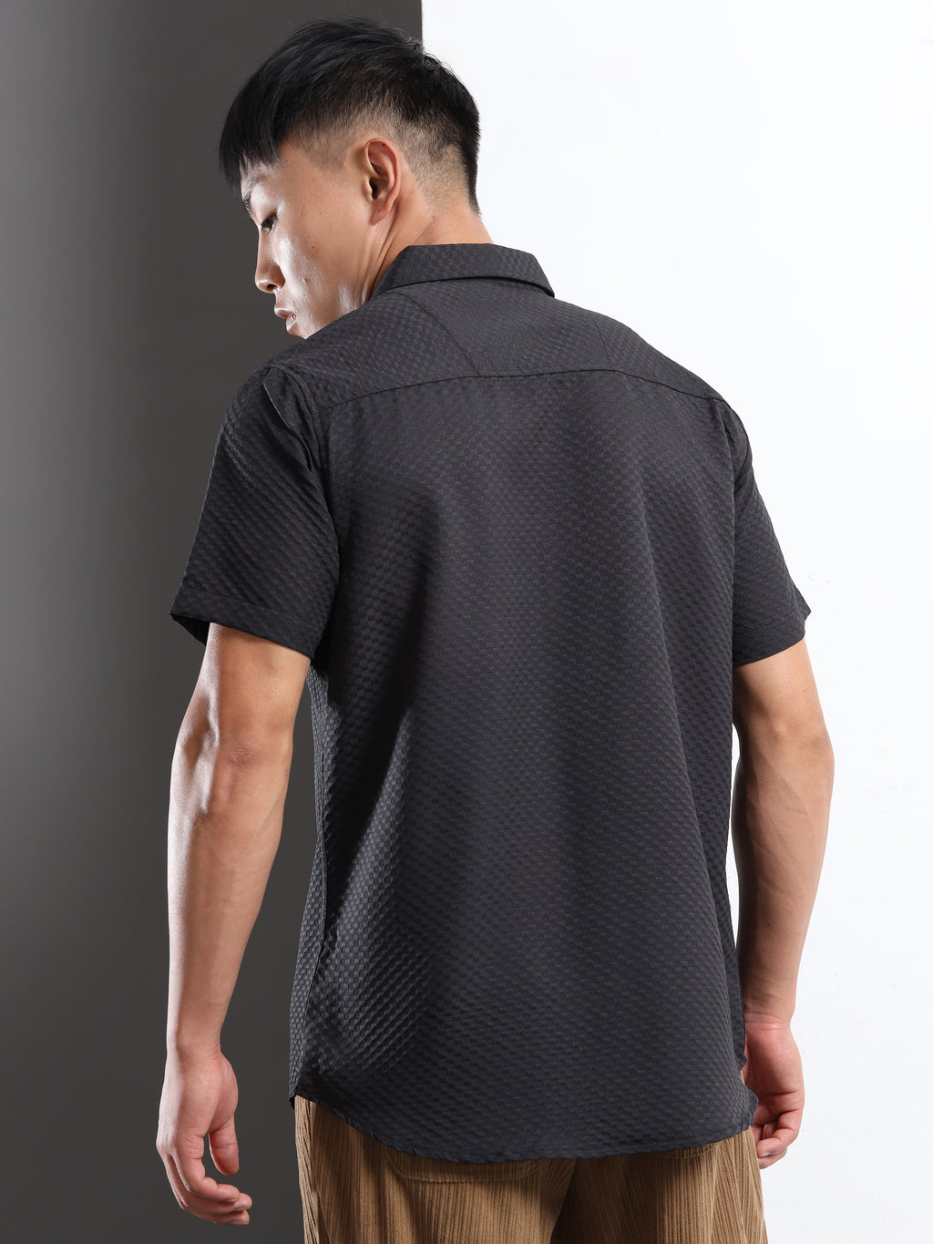 Men's Black Geometric Textured Short Sleeve Casual Shirt