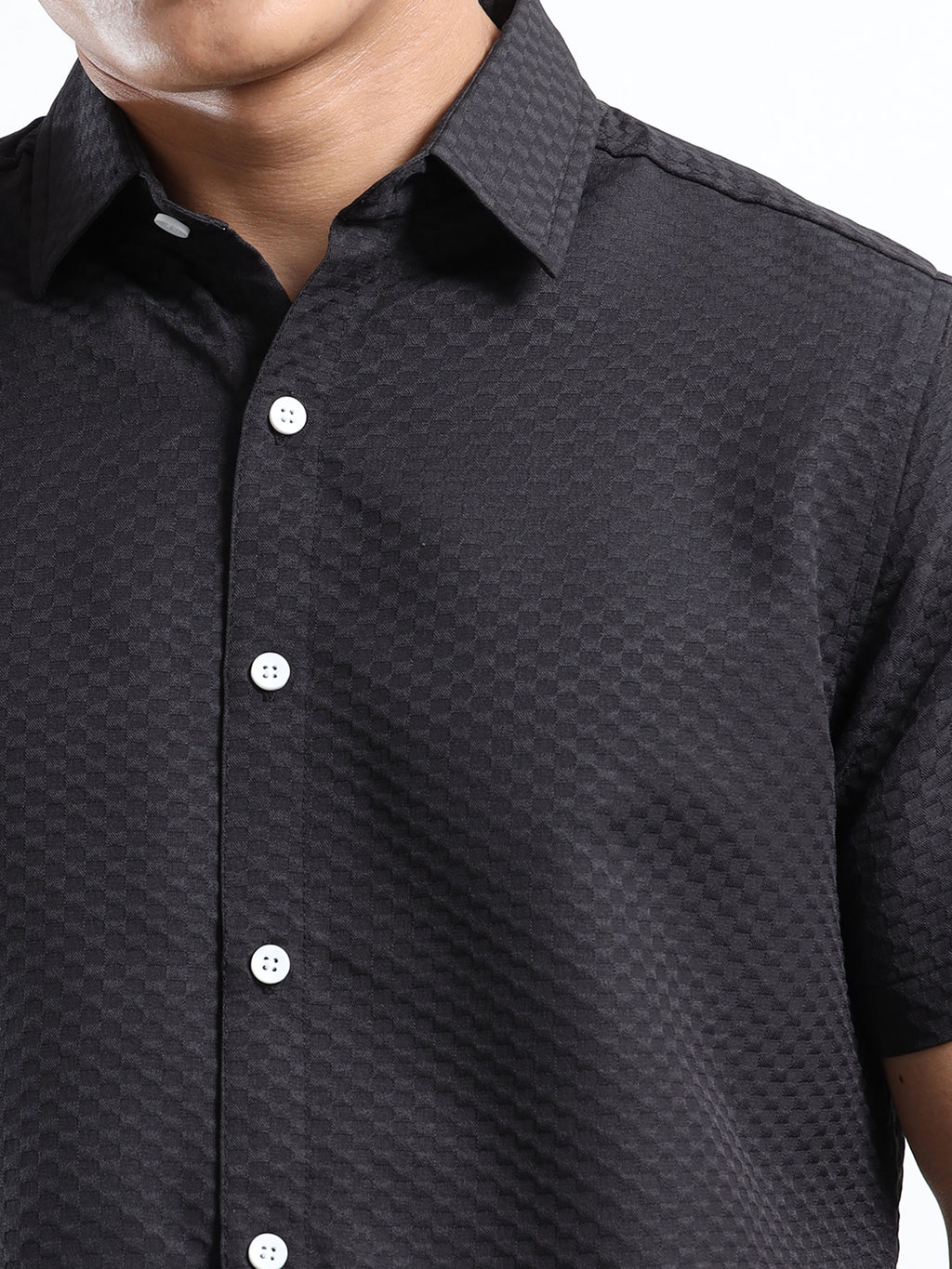 Men's Black Geometric Textured Short Sleeve Casual Shirt