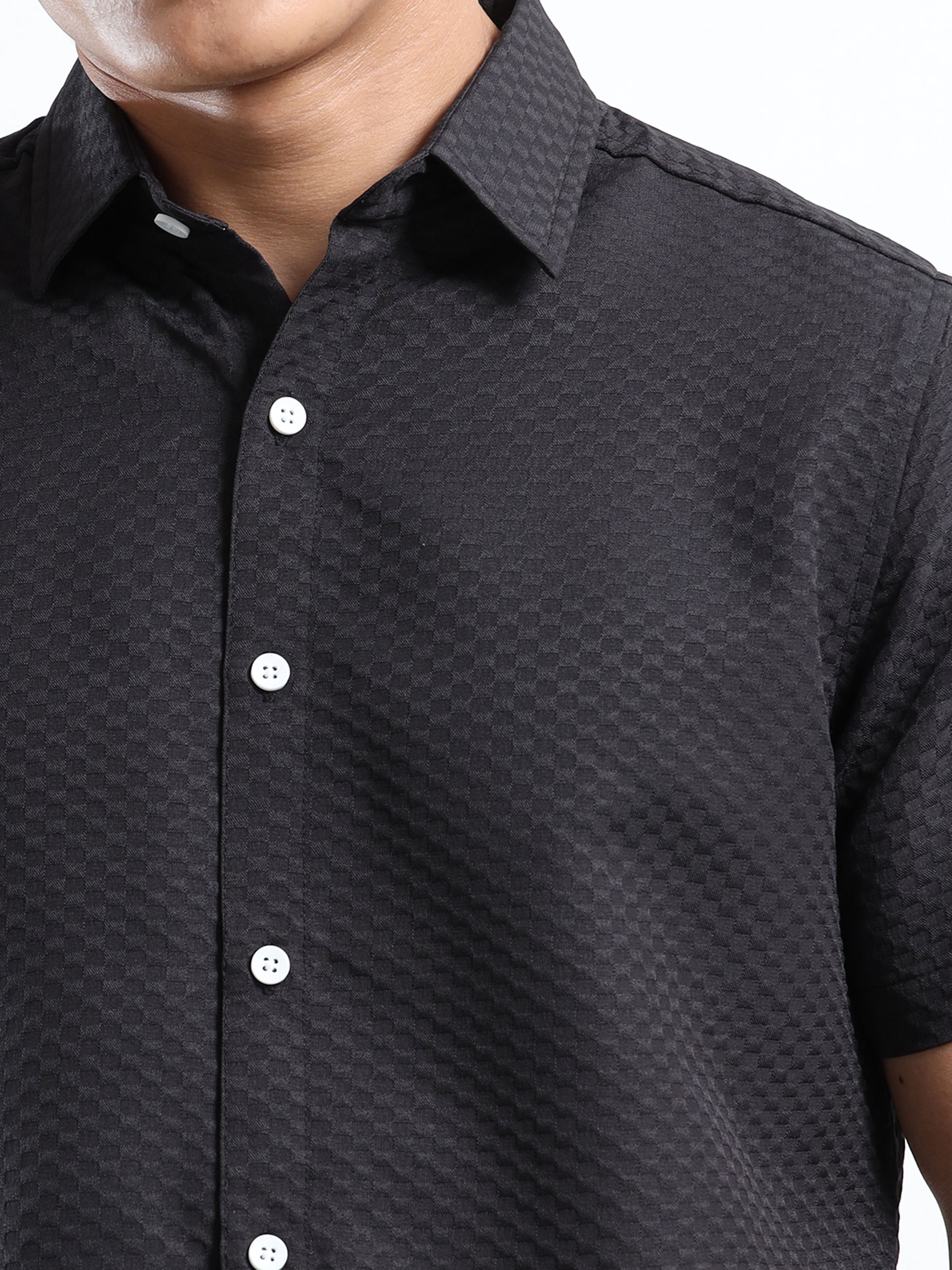 Men's Black Geometric Textured Short Sleeve Casual Shirt