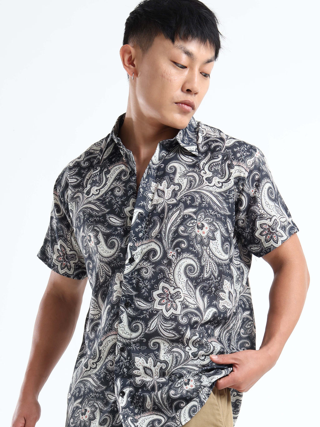 Men's Slim Fit Navy Blue White Paisley Printed Casual Shirt