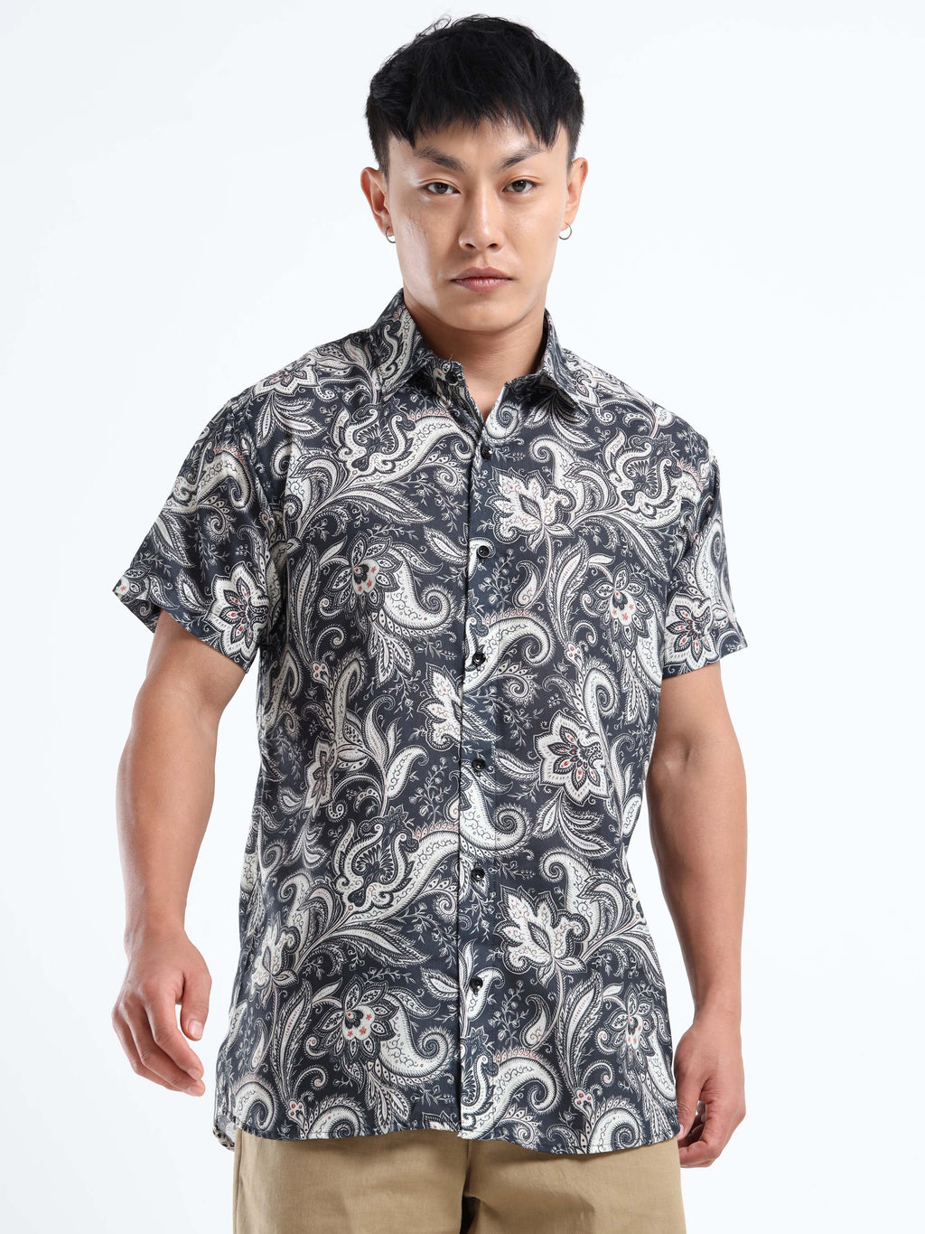 Men's Slim Fit Navy Blue White Paisley Printed Casual Shirt