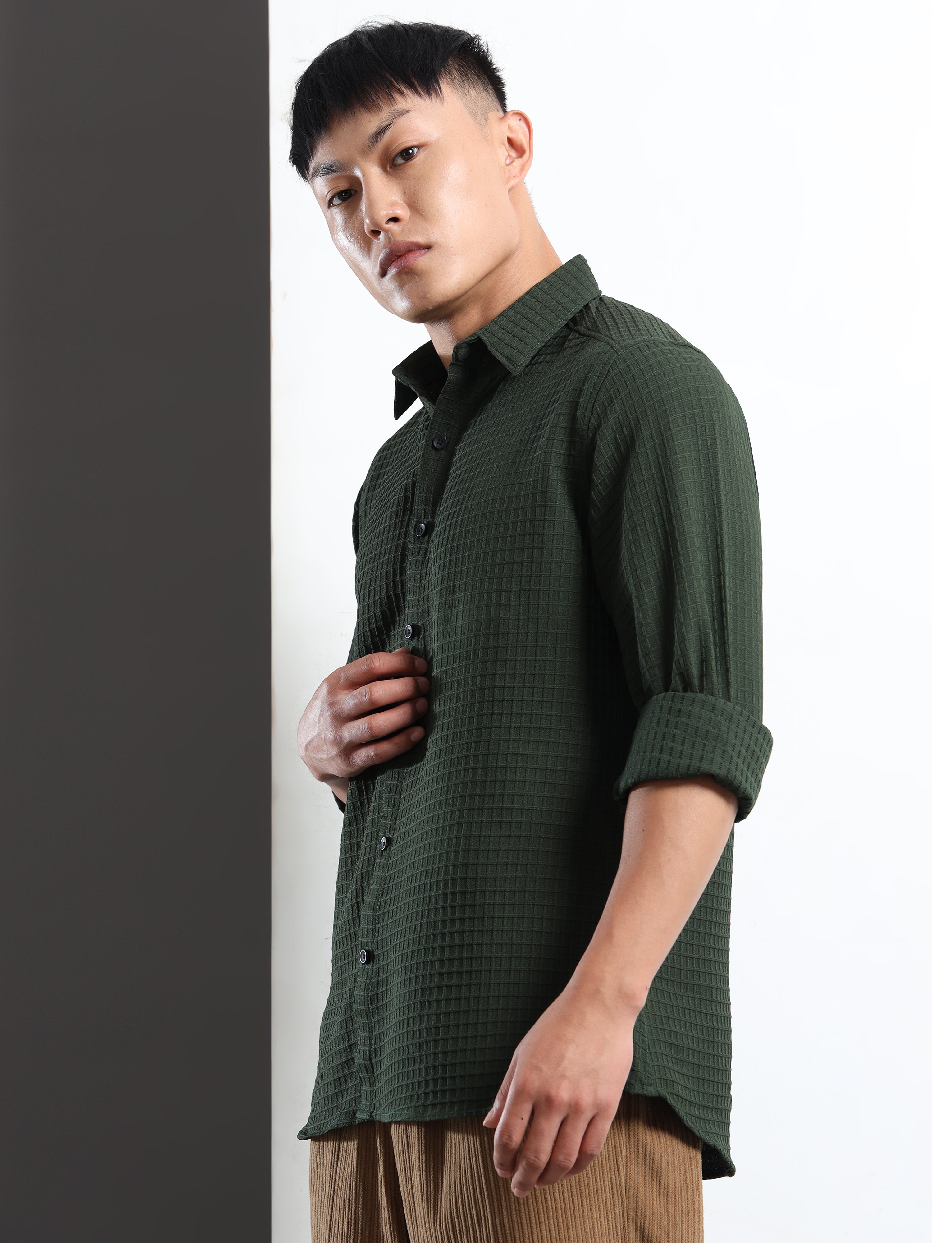 Men’s Green Textured Grid Casual Shirt