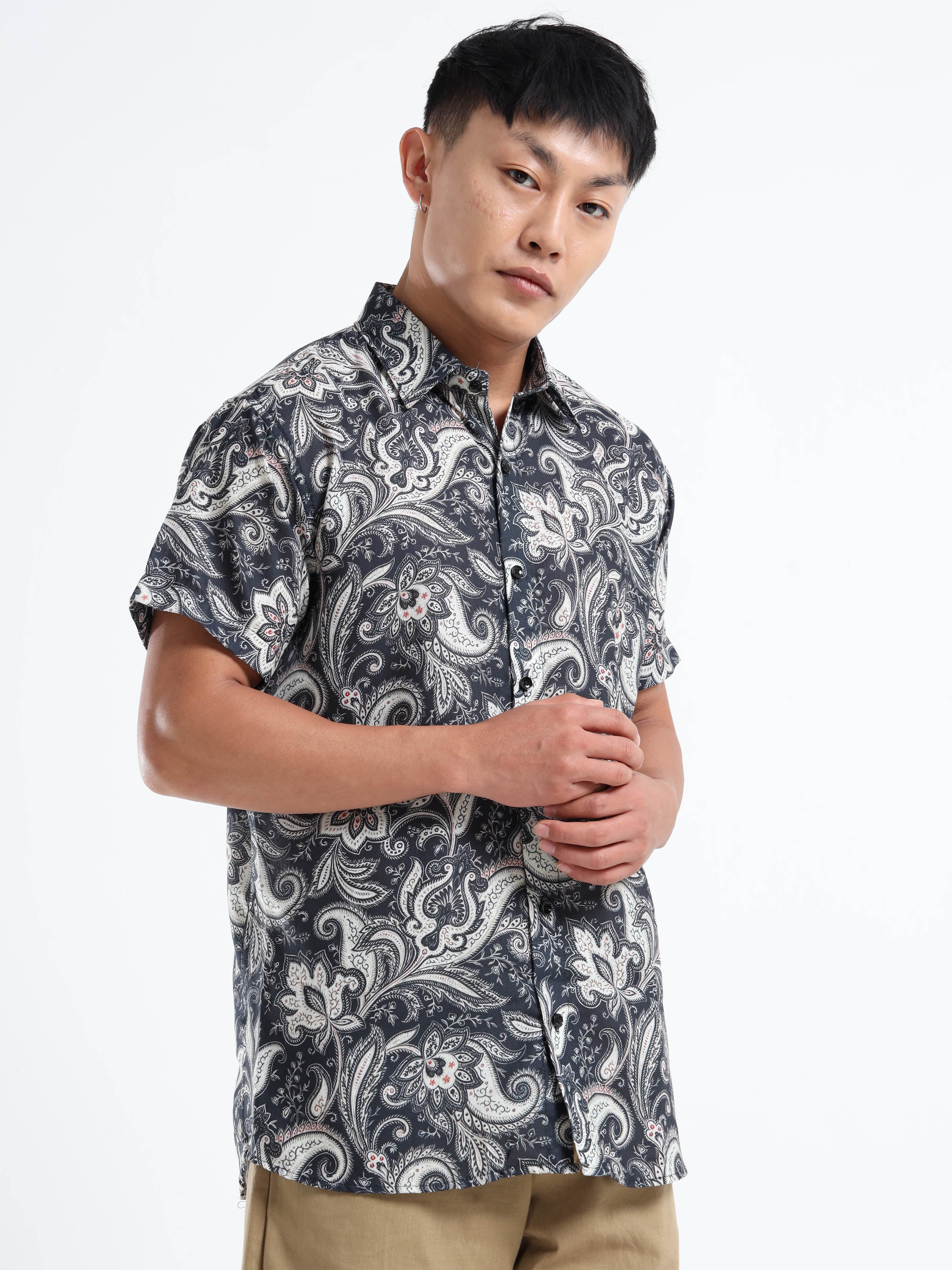 Men's Slim Fit Navy Blue White Paisley Printed Casual Shirt