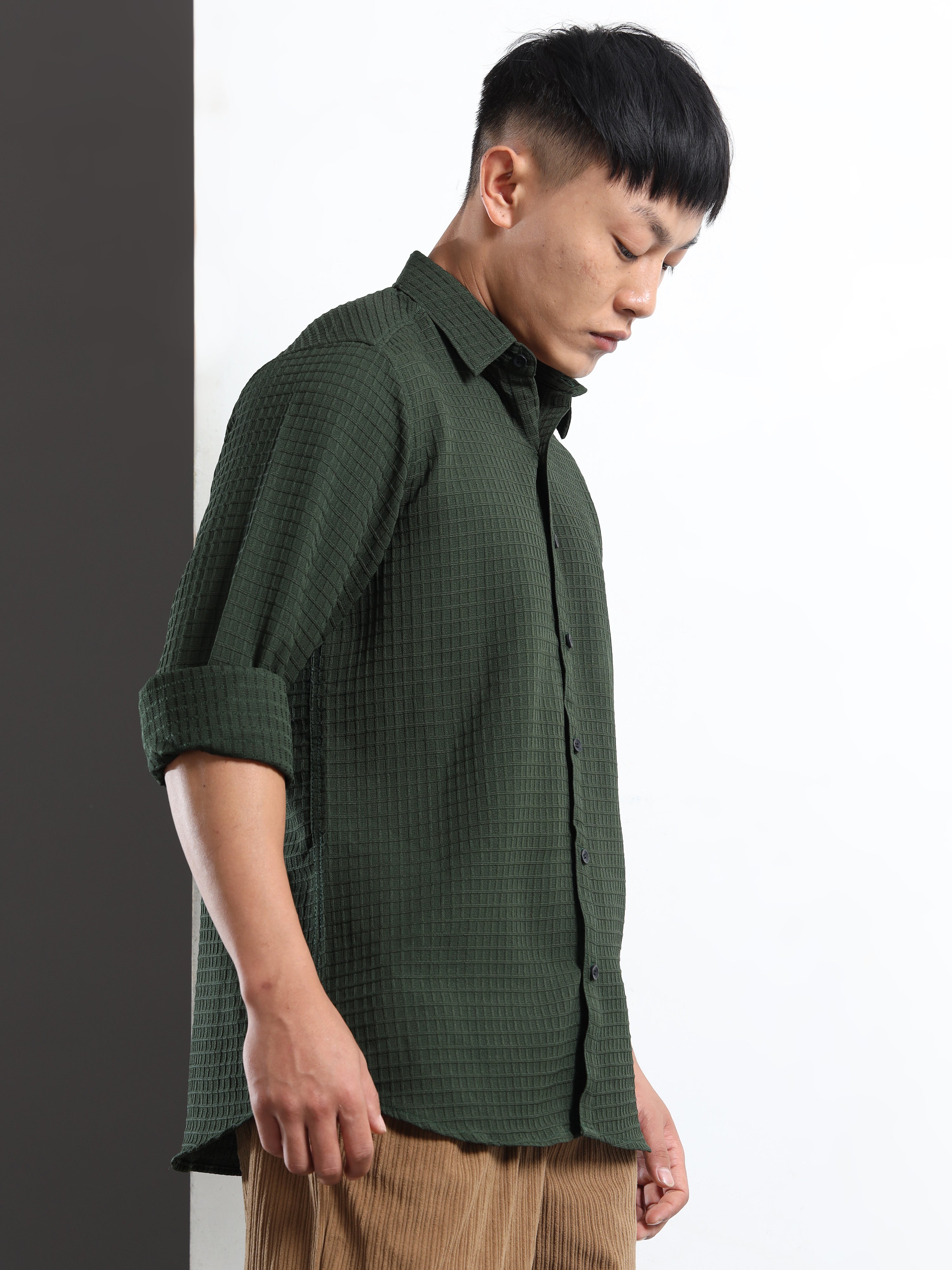 Men’s Green Textured Grid Casual Shirt
