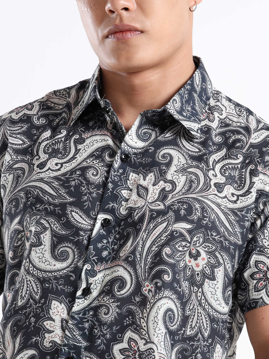 Men's Slim Fit Navy Blue White Paisley Printed Casual Shirt