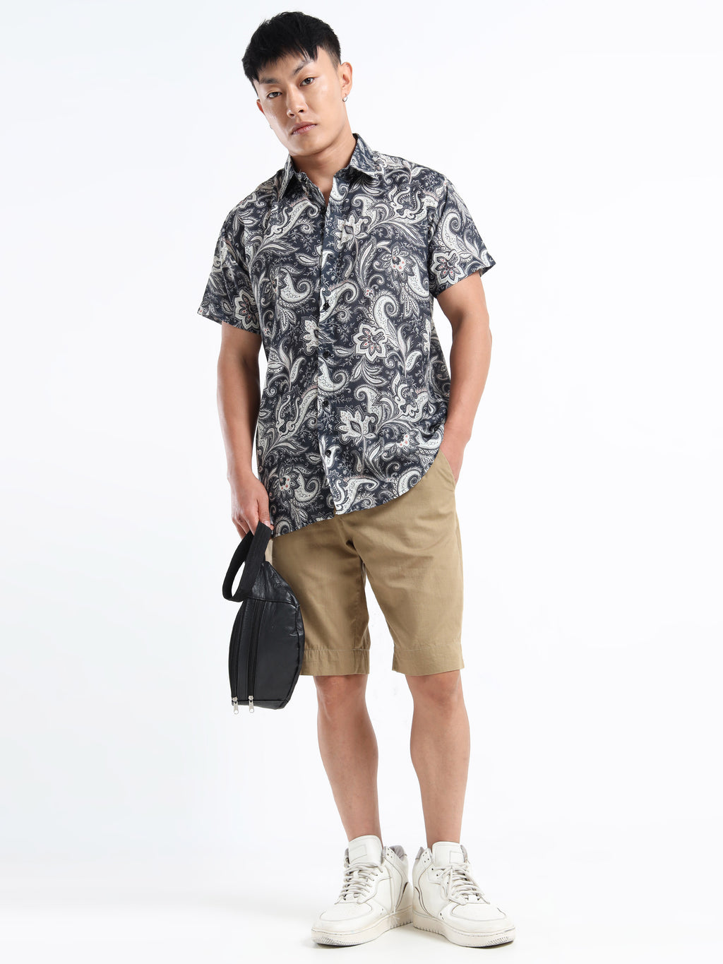 Men's Slim Fit Navy Blue White Paisley Printed Casual Shirt