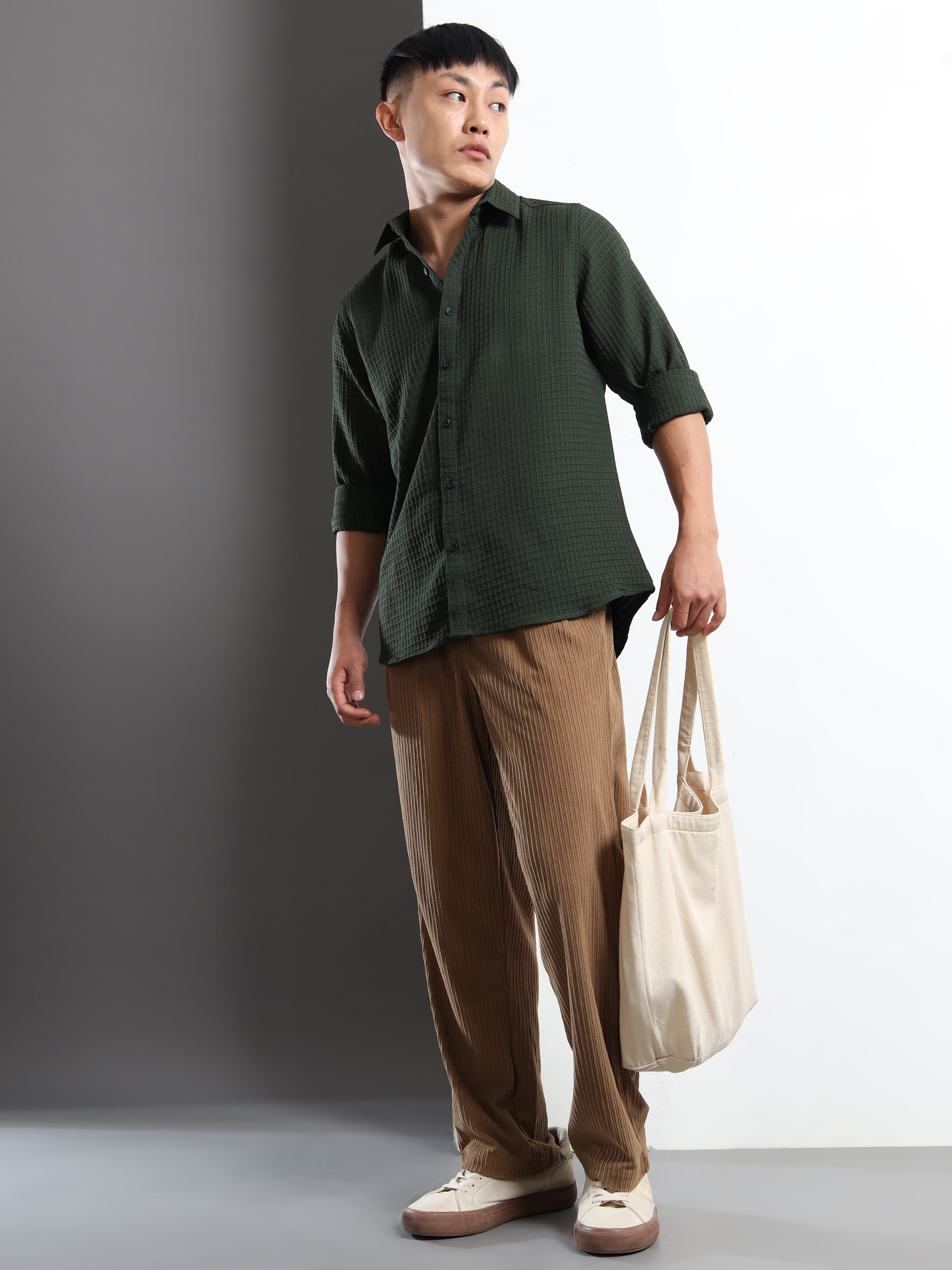 Men’s Green Textured Grid Casual Shirt