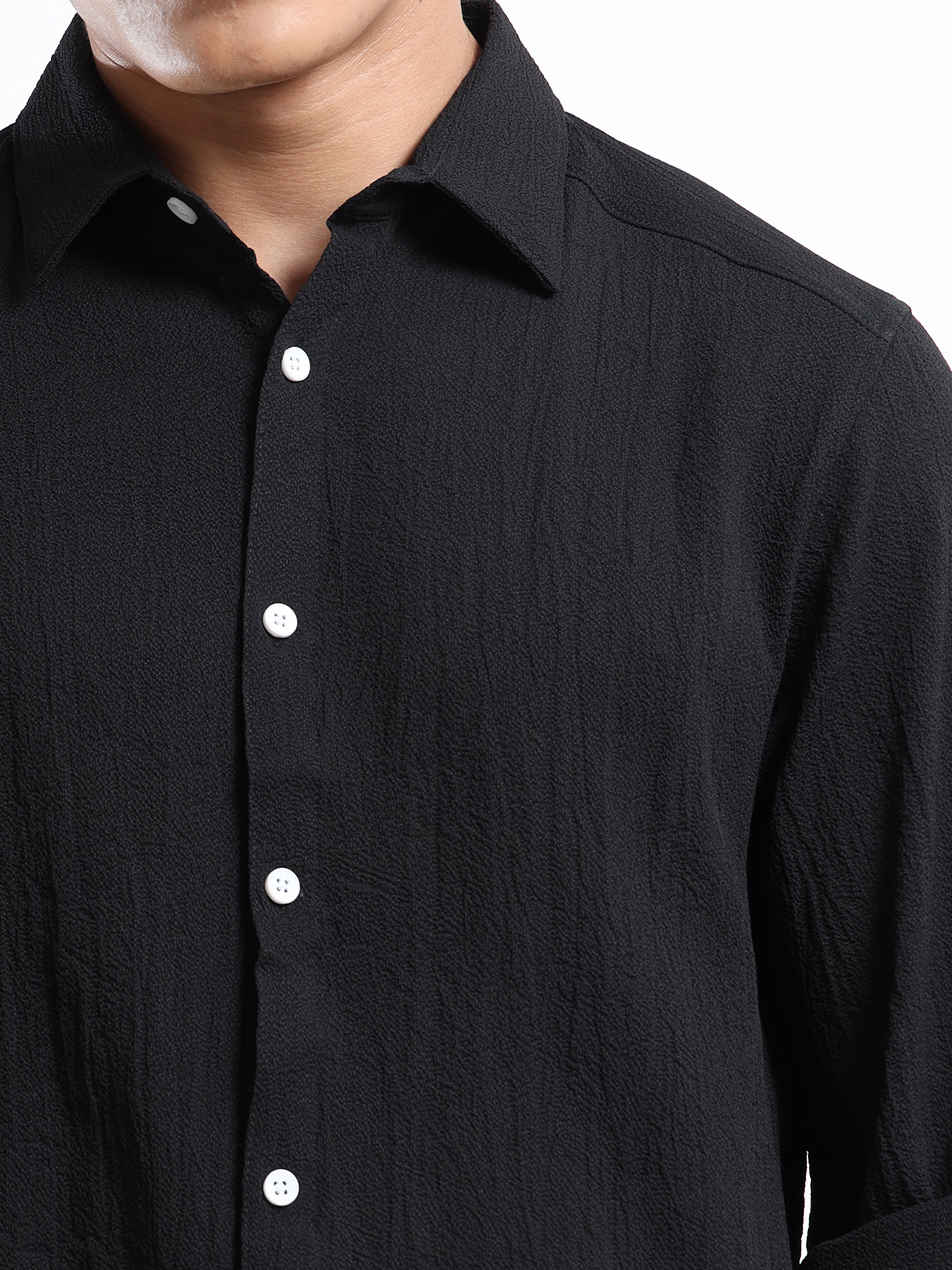 Men’s Black Textured Casual Button-Down Shirt