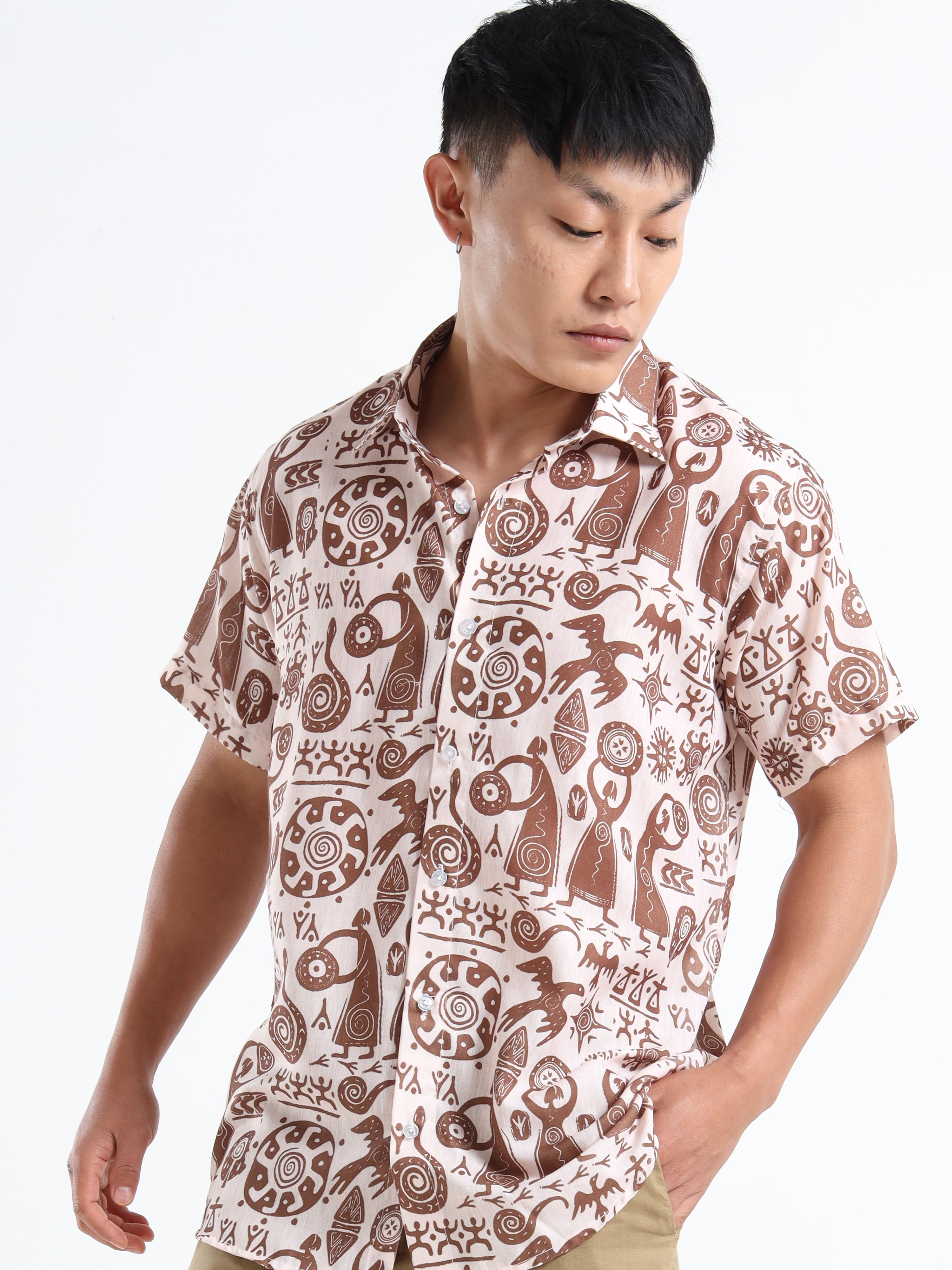 Men's Slim Fit Beige Brown Tribal Art Printed Casual Shirt
